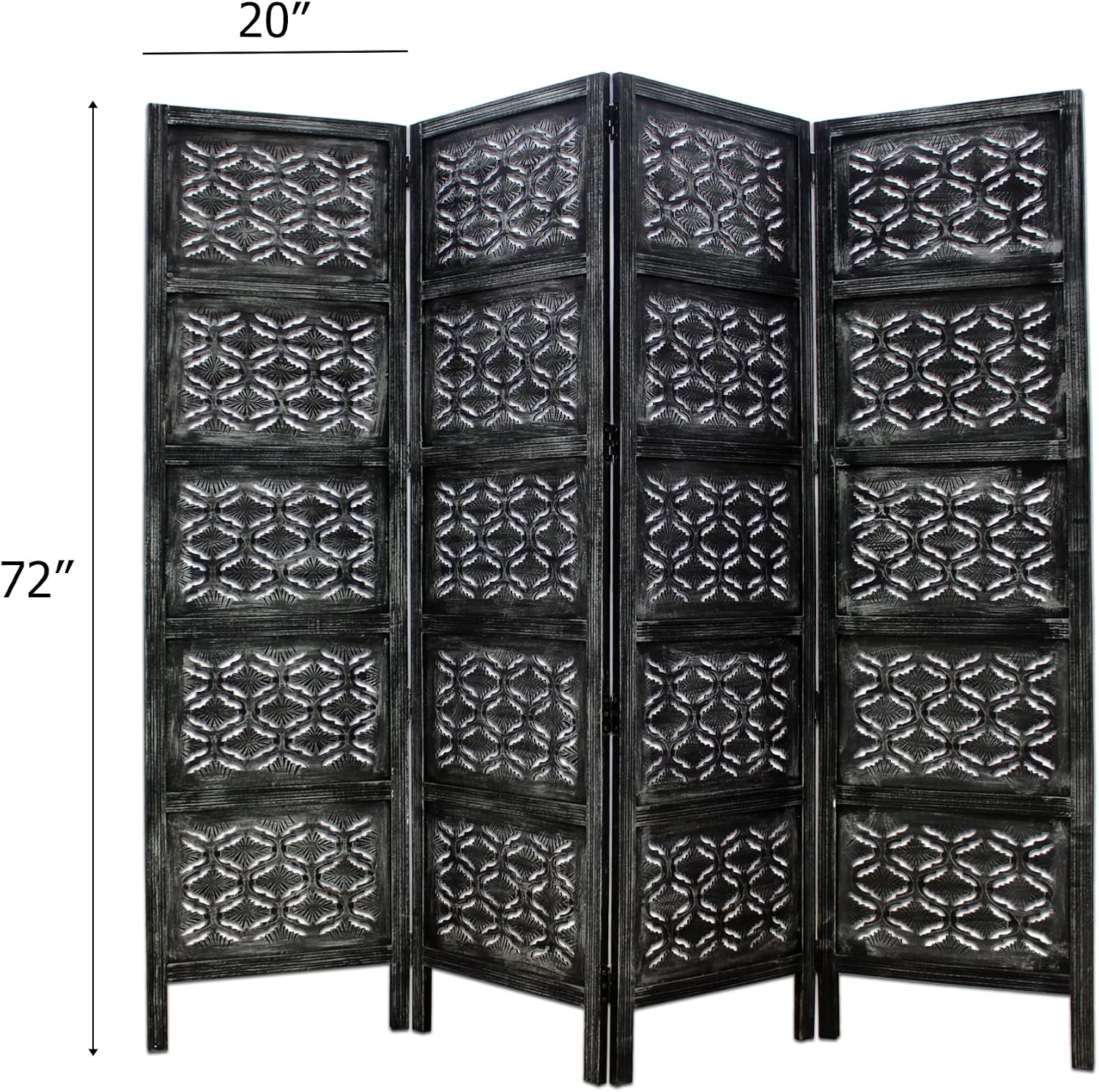 Room Divider Wood Screen - Chitra Antique Pewter - 4 Panel Folding 72 x 80 - Hand Carved Decorative Functional Versatile Portable Partition Reversible Freestanding Small Spaces - COTTON CRAFT