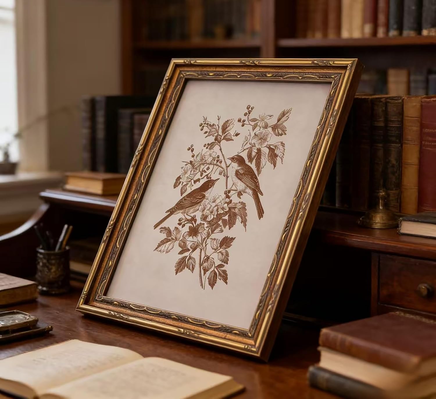 Vintage Gold Framed Canvas Wall Art Sketch Bird Painting Picture Wall Decor Botanical Flowers Sparrow Poster Print Artwork for Corridor Classroom Kitchen Home Decoration