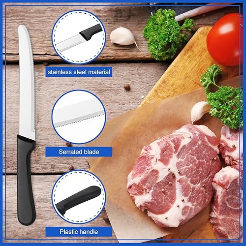 Miniatura 4 de Zhehao Juego de 100 cuchillos de carne de acero inoxidable de 8.39 pulgadas, cuchillo de carne dentado de cabeza redondeada con mango negro de