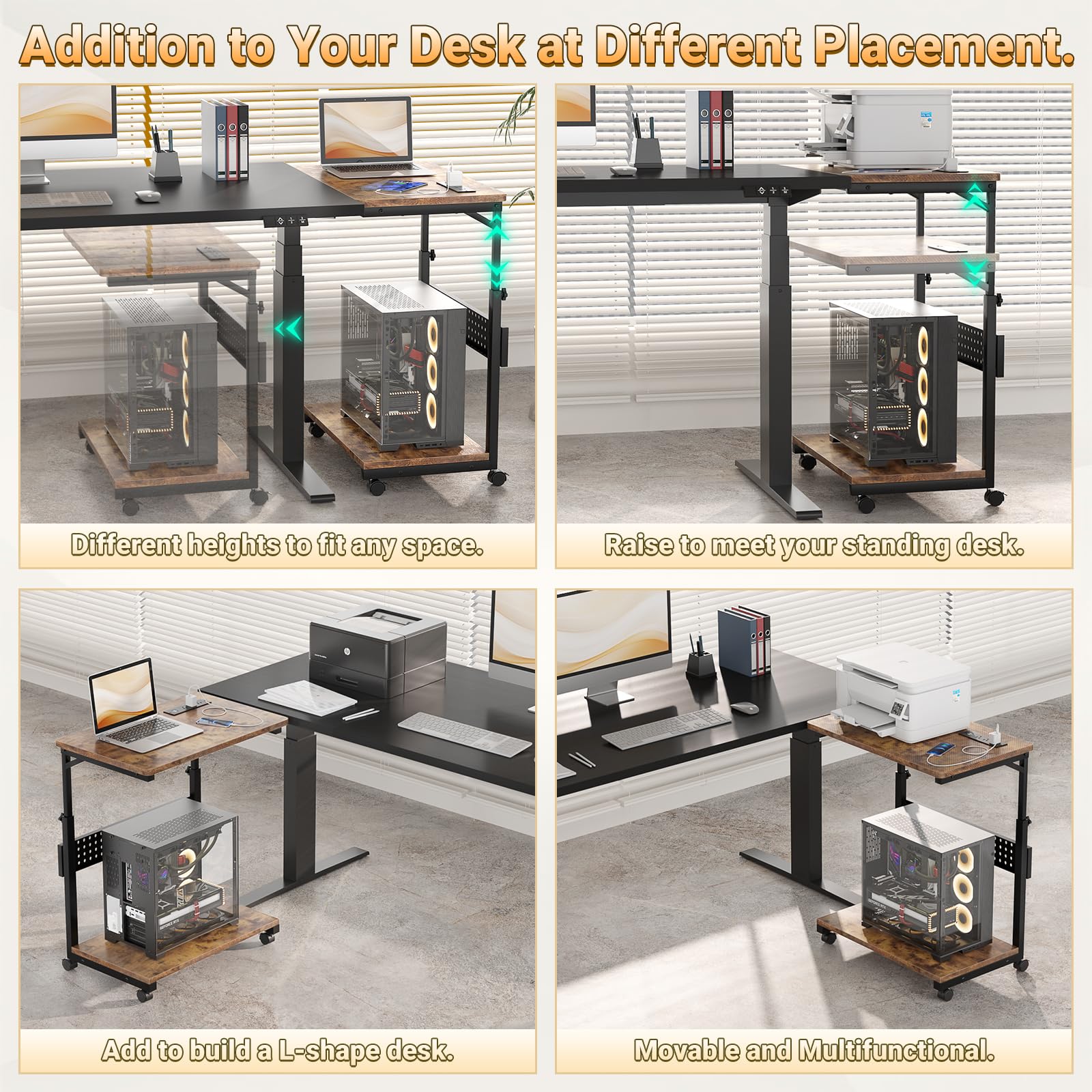 Besiost Soporte de torre para computadora con regletas de alimentación, soporte de torre de PC ajustable en altura con ruedas, soporte móvil para CPU, soporte lateral para carrito de computadora para