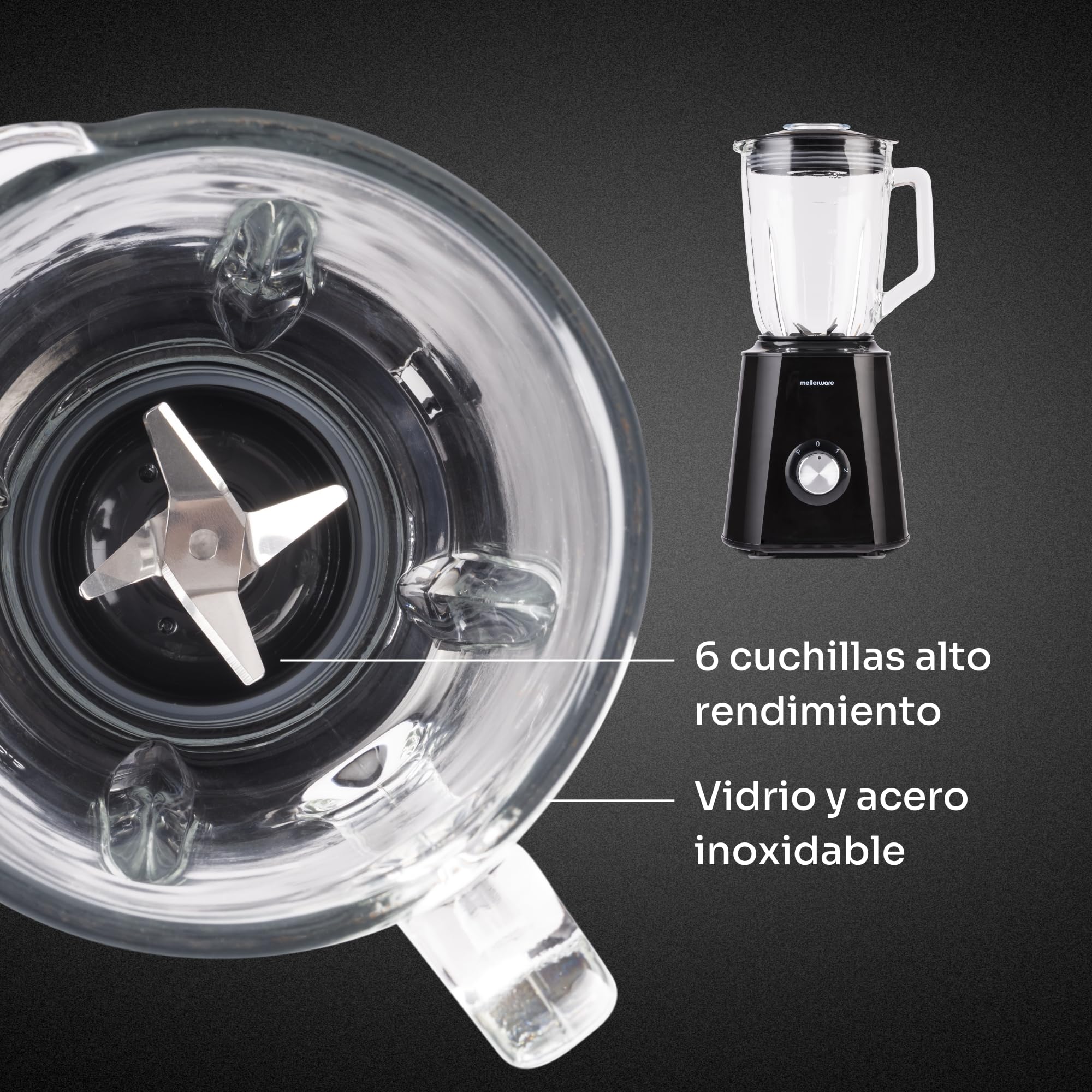 Mellerware - Batidora de vaso Mixy! 1500 W | Jarra de vidrio de 1.5L | 2 velocidades + TURBO | Procesador de alimentos profesional con cuchillas de 6 hojas | Rompehielos | Negro