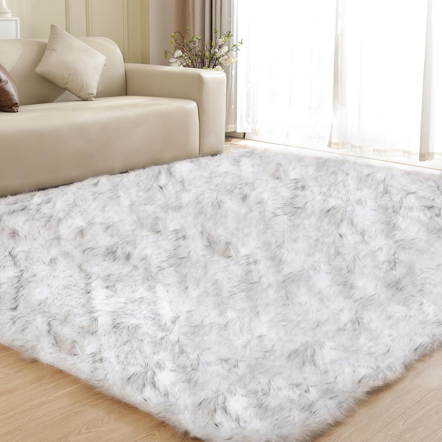 ORINOVA White and Grey Rug 8x10 Area Rugs for Living Room Machine Washable Shag Faux Sheepskin Furry Fur Rug Large Nursery Rectangle