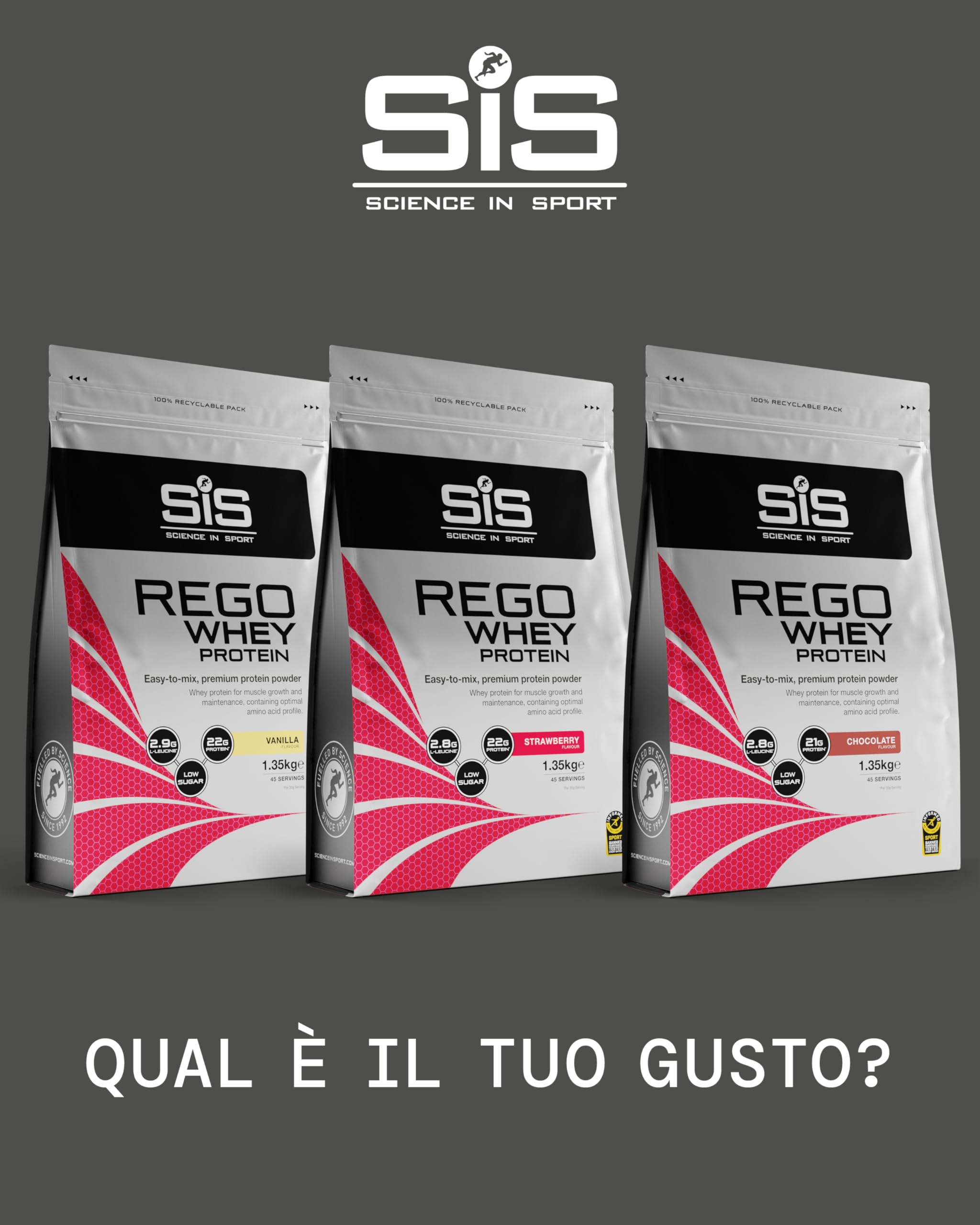 Science in Sport Rego Whey Protein 1,35kg Cioccolato - Drink di recupero in polvere con carboidrati, proteine in polvere, elettroliti, vitamine e minerali, Favorisce un allenamento efficace, 100% whey