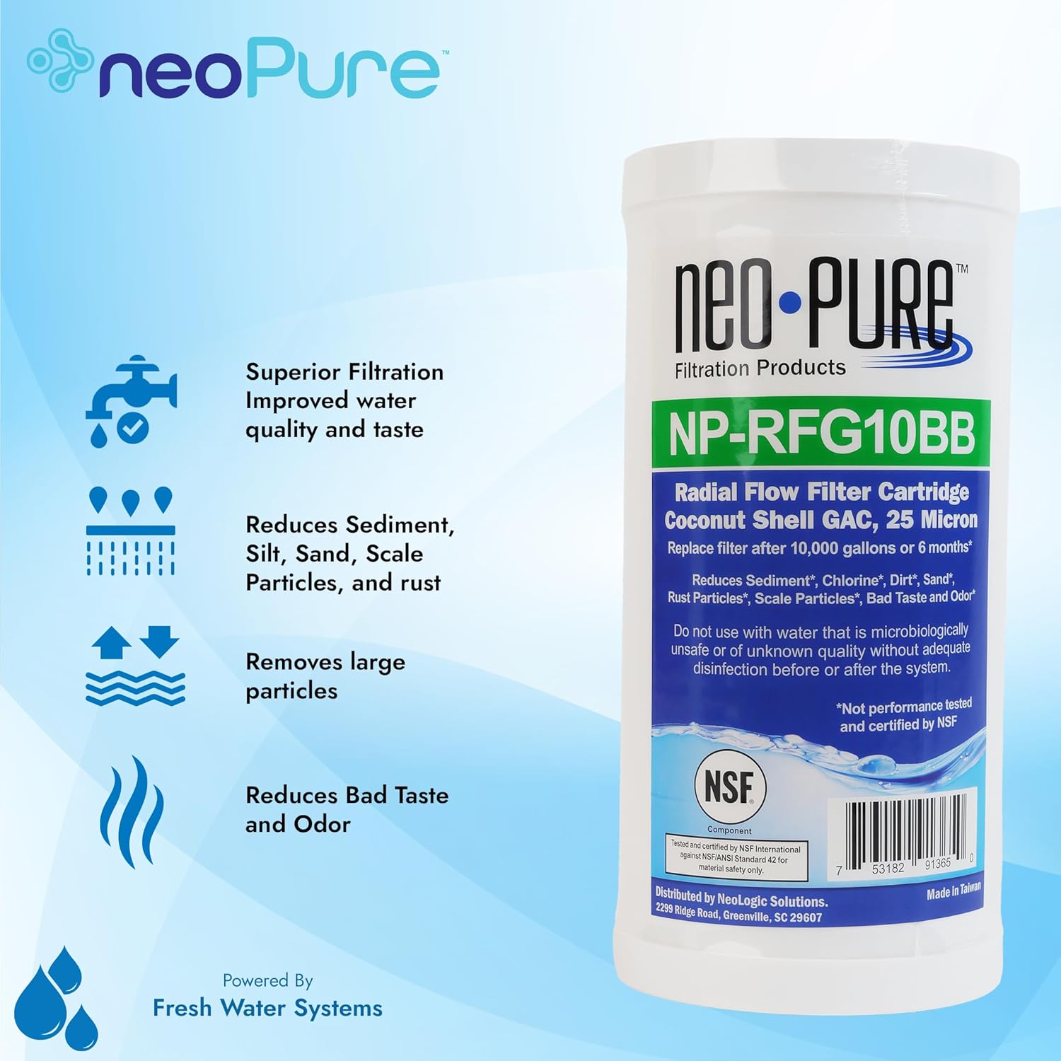 Neo-Pure NP-RFG10BB 10" BB Radial Flow GAC Carbon Filter 25 micron Compatible for for GE FXHTC, GXWH40L, GXWH35F, GNWH38S, Culligan RFC-BBSA, WRC25HD, PP10BB-CC, Pentek RFC-BB - Single