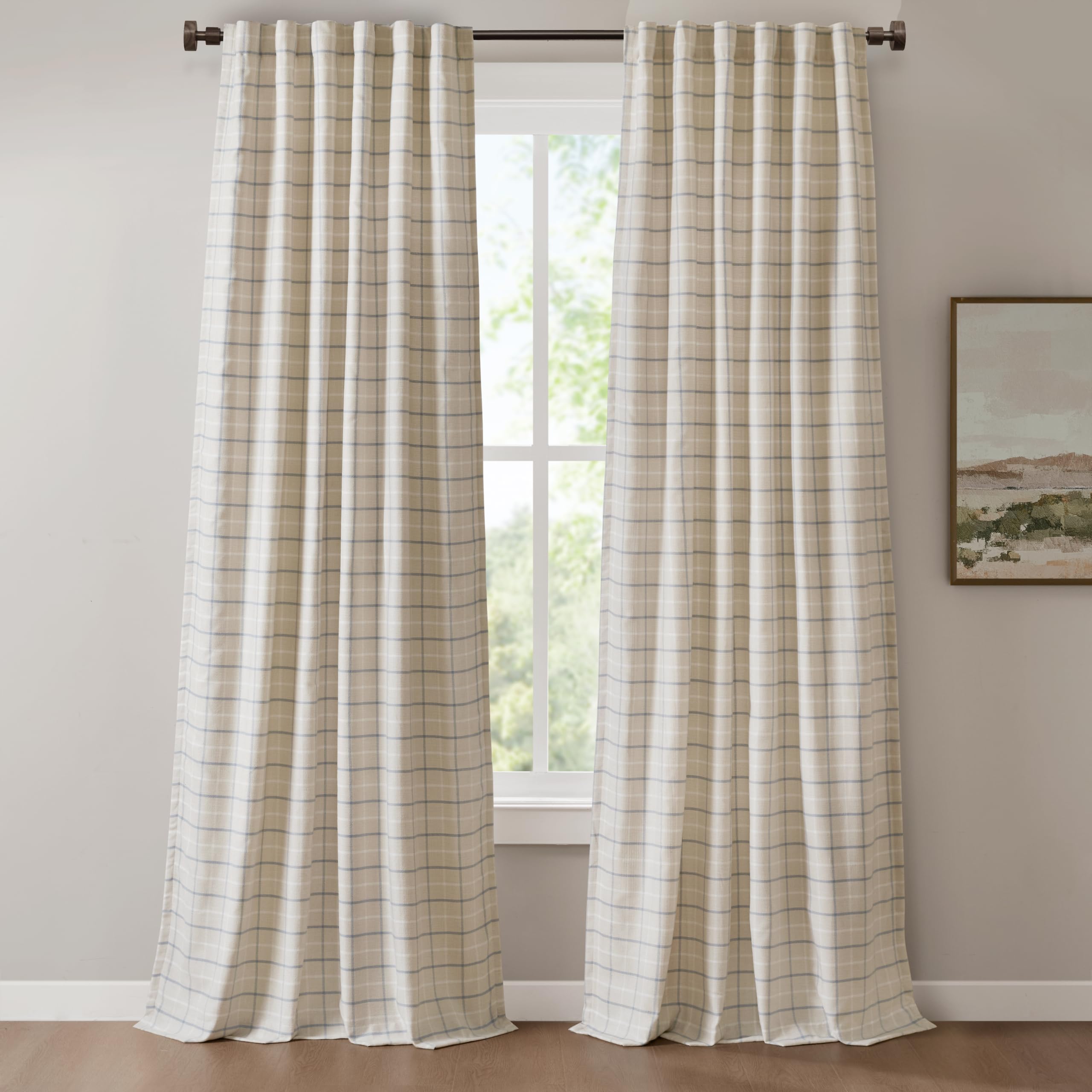 Madison Park Plaid Curtain Thermal Insulated, 1 Panel, 50x108 Linen Blue