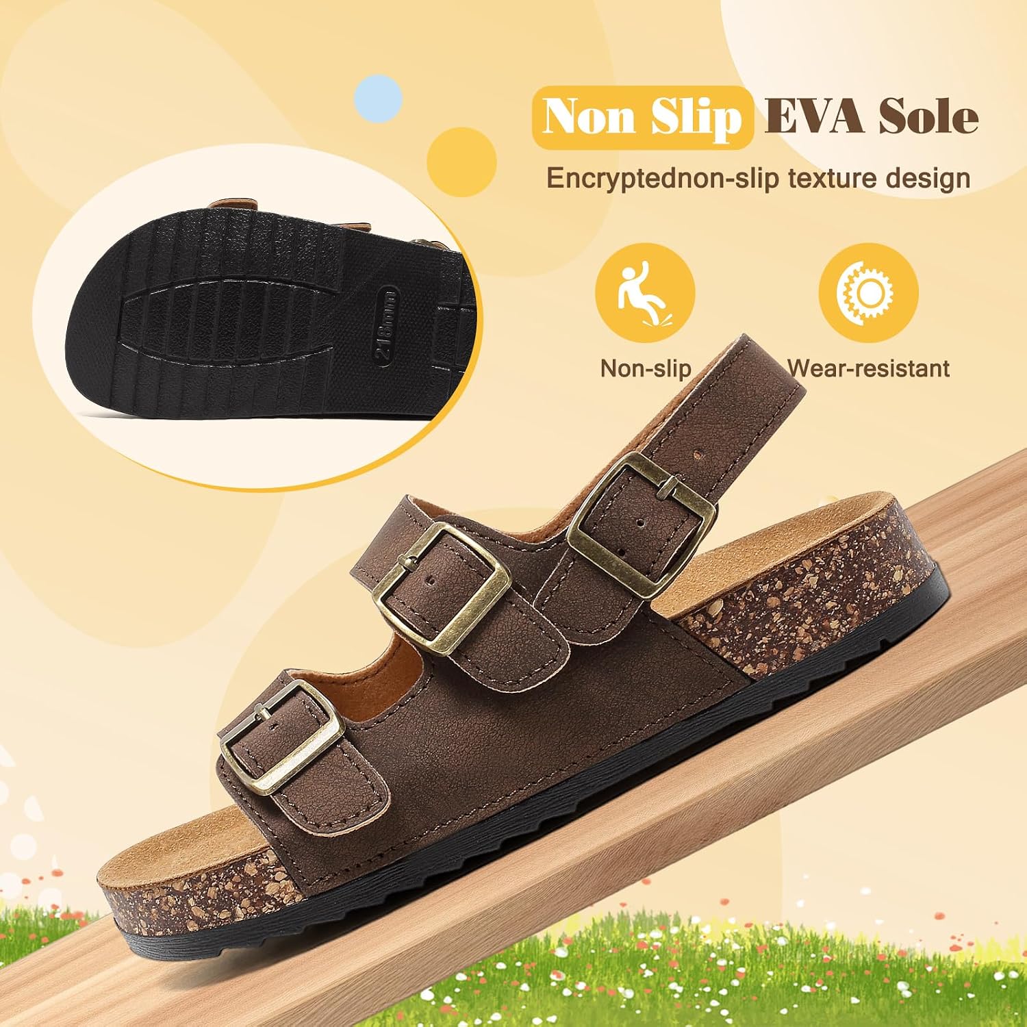 Kids Sandals for Boys Girls, Cork Footbed Double Buckle Sandals with Back Strap, Toddler Adjustable Non-Slip Lightweigh Summer Shoes Soft Sole Sandals for Indoor Outdoor