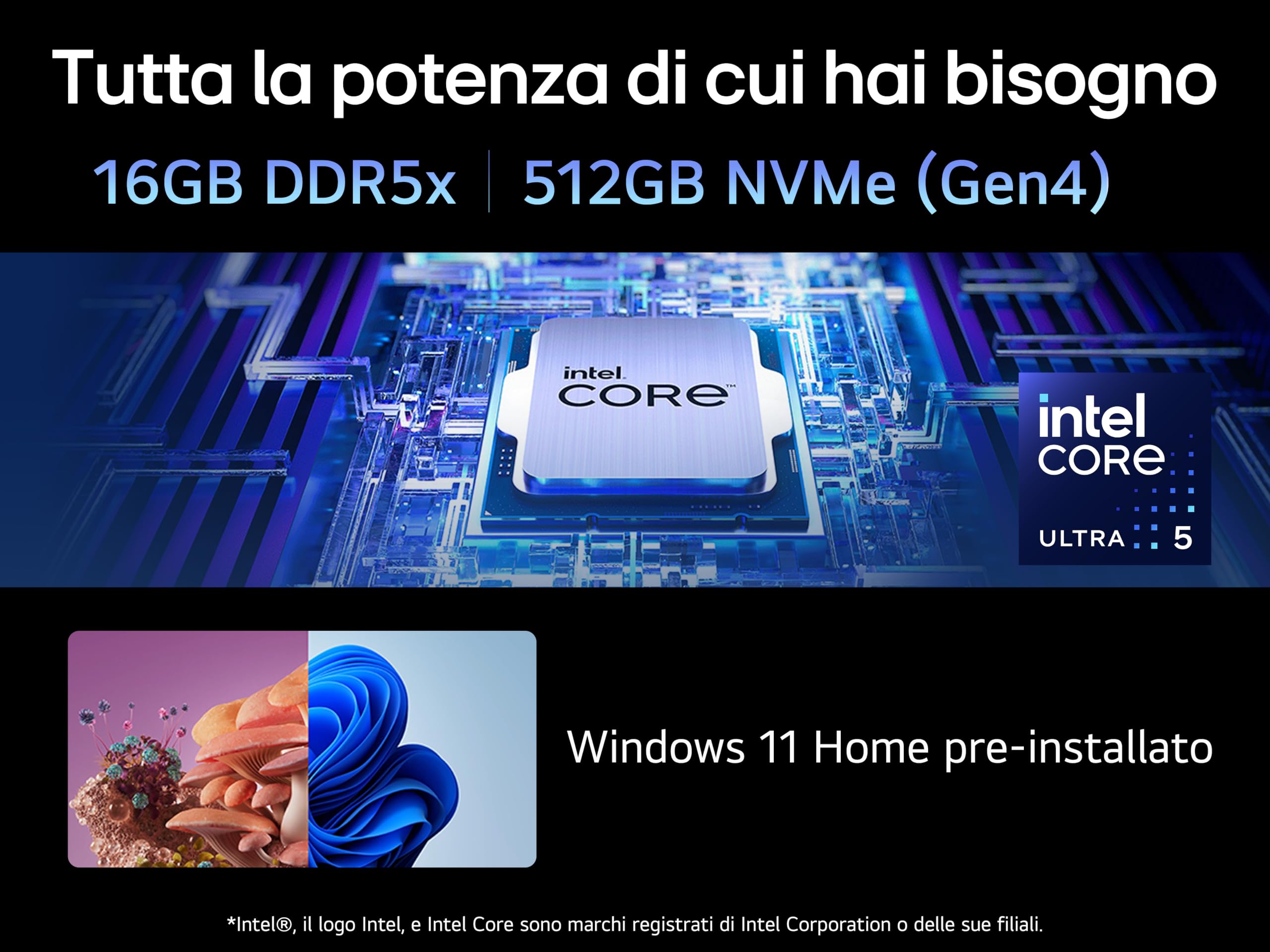 LG gram 14Z90S Notebook 14" WUXGA (1920x1200) IPS, Intel Core Ultra 5 125H, 16GB RAM, 512GB SSD, Peso 1.1kg, Batteria 72Wh, Windows 11 Home, Tastiera italiana, Nero