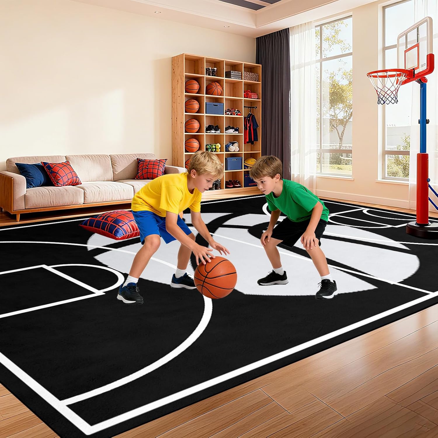 Basketball Court Rug for Boys Bedroom- Basketball Decor for Boys Room Sports Rug for Kids Playroom Decor,Black,5'×7'