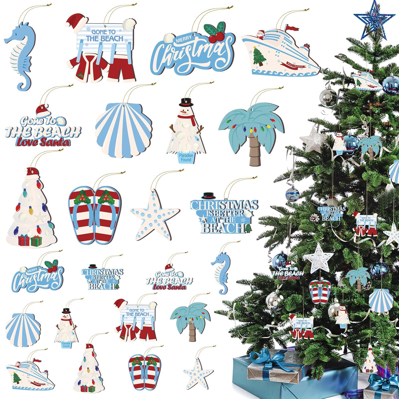 Kit déco de Noël en bois et coquillages : 24 animaux marins pour créer un sapin tendance