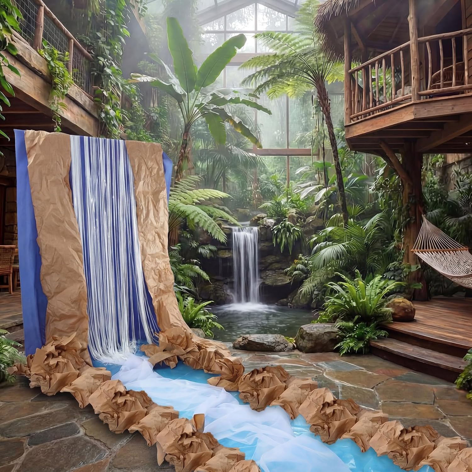 Waterfall Landscaping Kit Rainforest Falls Decorations Tinsel Curtains with Kraft Paper Rainforest Scene Backgrounds Kit for VBS 2026 Classroom Backdrop Party Decor