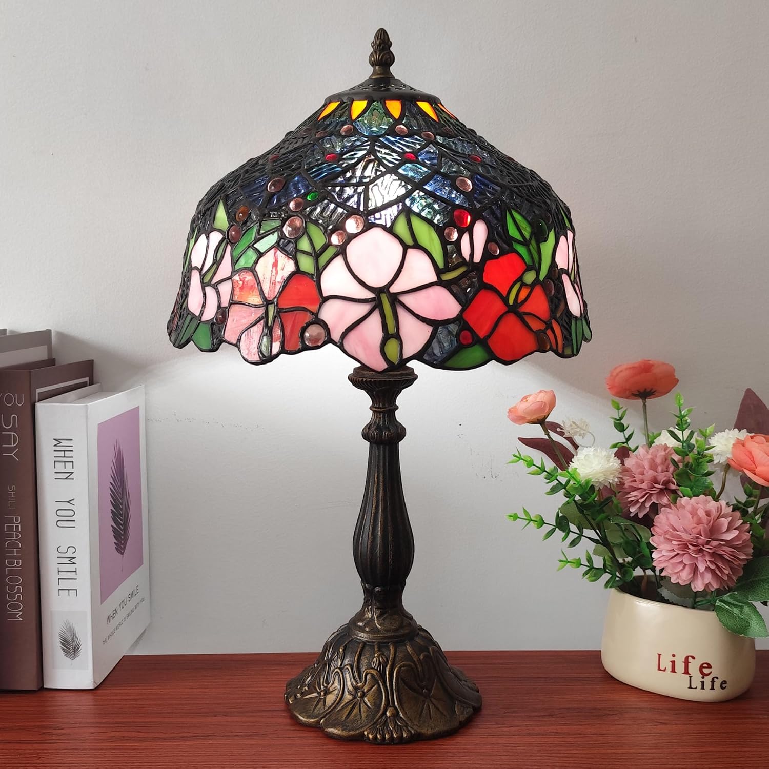 Tiffany Lamp Stained Glass Table Lamp Tiffany Style 3-Way Vintage Beside Reading Light 12 inch Flowers Style Antique Nightstand Light (Red Pink Flowers)