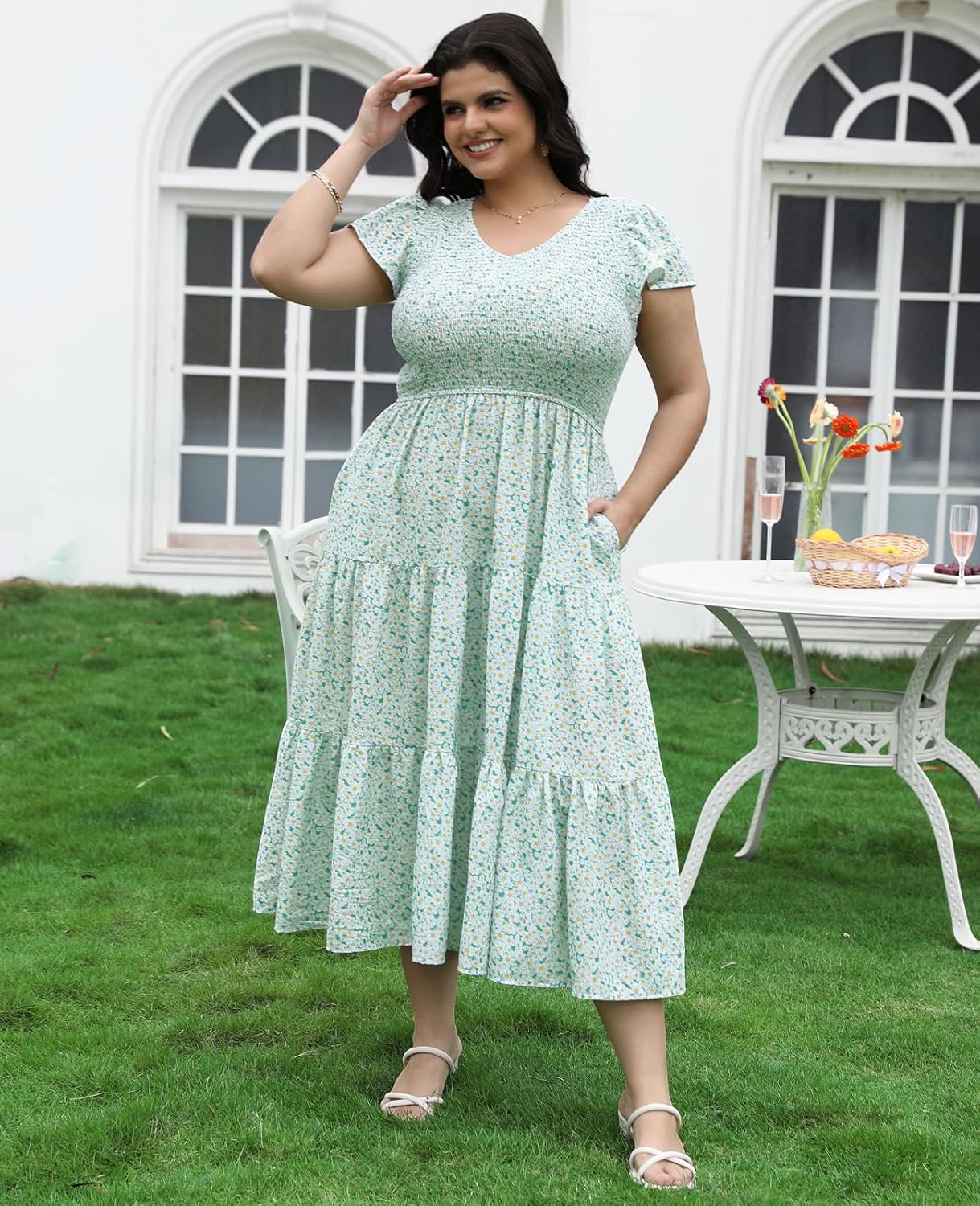 2025 Women's Plus Size Casual Dress V Neck Short Sleeve Summer Maxi Smocked Dresses - Image 3