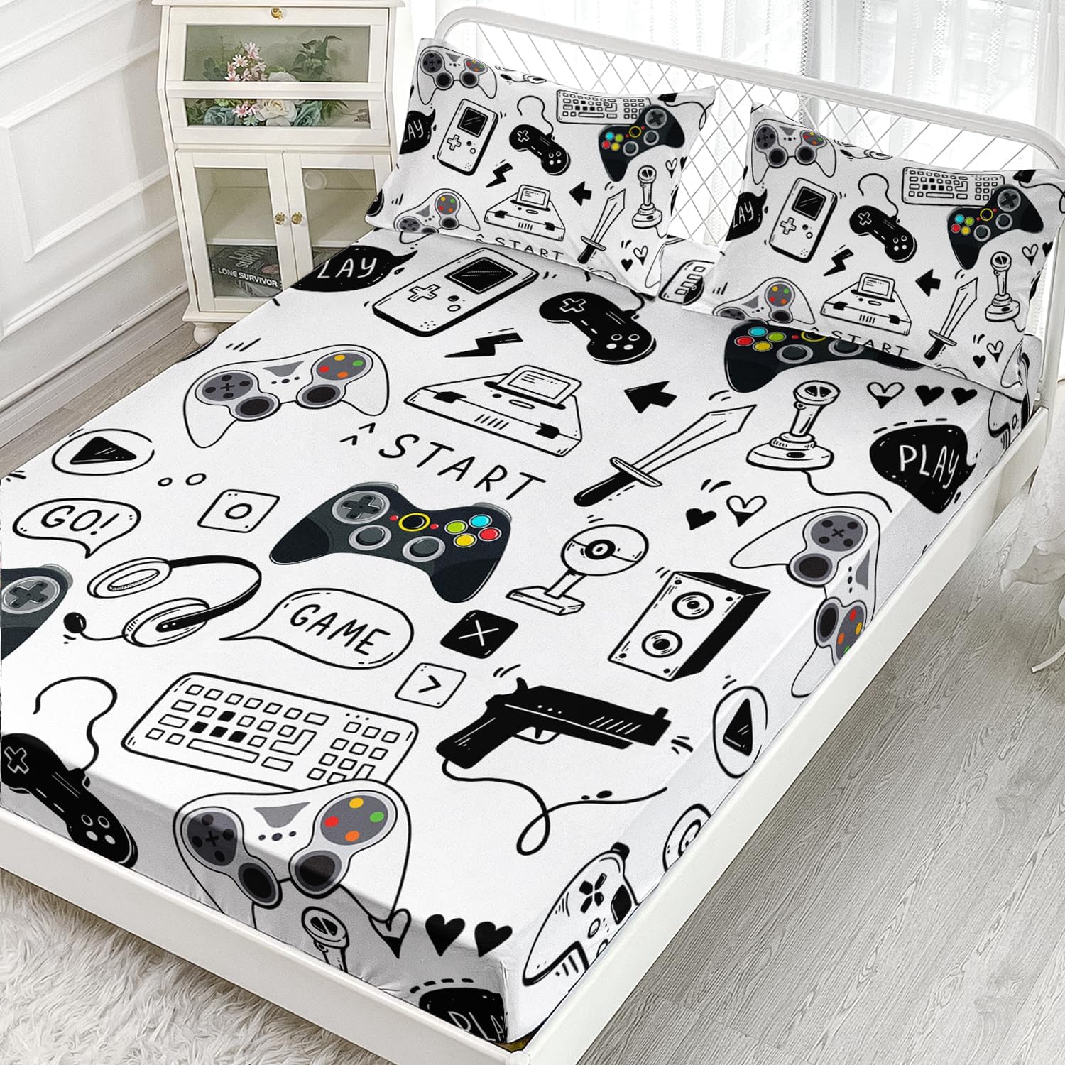 AILONEN Video Game Fitted Sheet Set,Boys Twin XL Bed Sheet Set,Video Gamer Console Joystick Controller Bed Sheet Set,Computer Retro Arcade Play Gaming Sheet Set 3Pcs, 1 Fitted Sheet and 2 Pillowcases