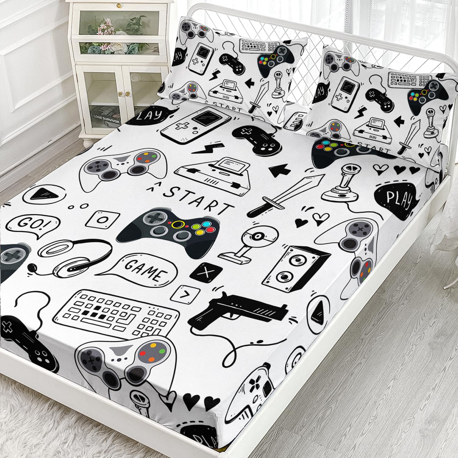 AILONEN Video Game Fitted Sheet Set,Boys Queen Bed Sheet Set,Video Gamer Console Joystick Controller Bed Sheet Set,Computer Retro Arcade Play Gaming Sheet Set 3Pcs, 1 Fitted Sheet and 2 Pillowcases