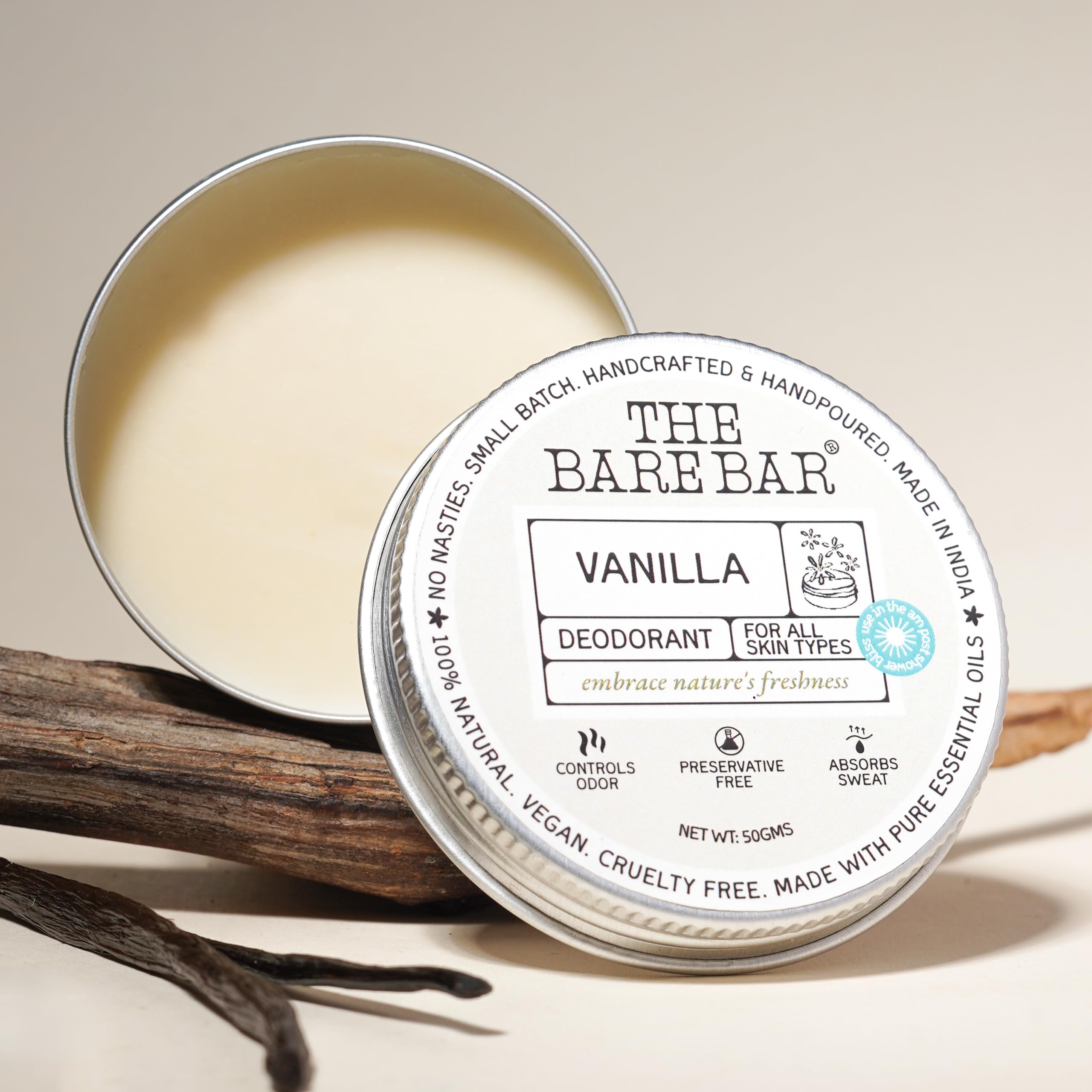 The Bare Bar Vanilla Deodorant - 50 gm | Sweet Fragrance| Odor & Sweat Control |Gentle, Natural formula and Chemical free| Good for all skin types | Travel Mini Size Solid Deodorant for Men & Women