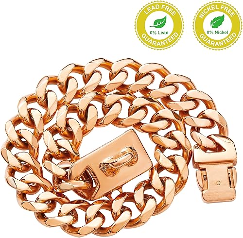 Miniatura 6 de Collar de perro con cadena de oro rosa de 0.394 pulgadas, collar de perro de eslabones cubanos de oro de 18 quilates con hebilla de presión segura,