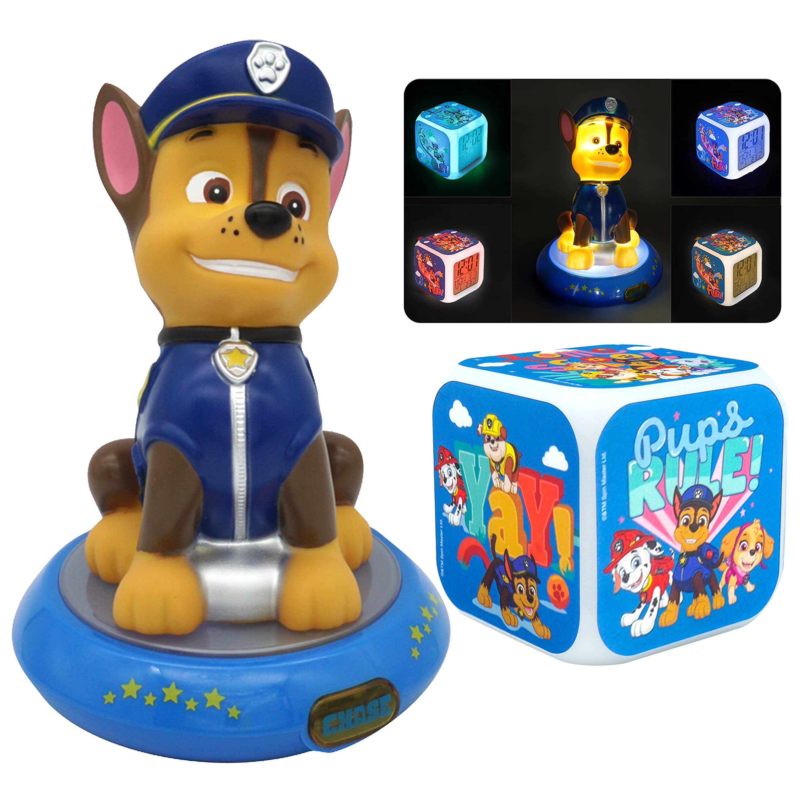 Hovuk Boys Paw Patrol Set 2Pcs Paw Patrol Nightlights For Children Room Decor, 3D Figure Table Lamp And Digital Alarm Clock With 4 Color Changing Led Light For