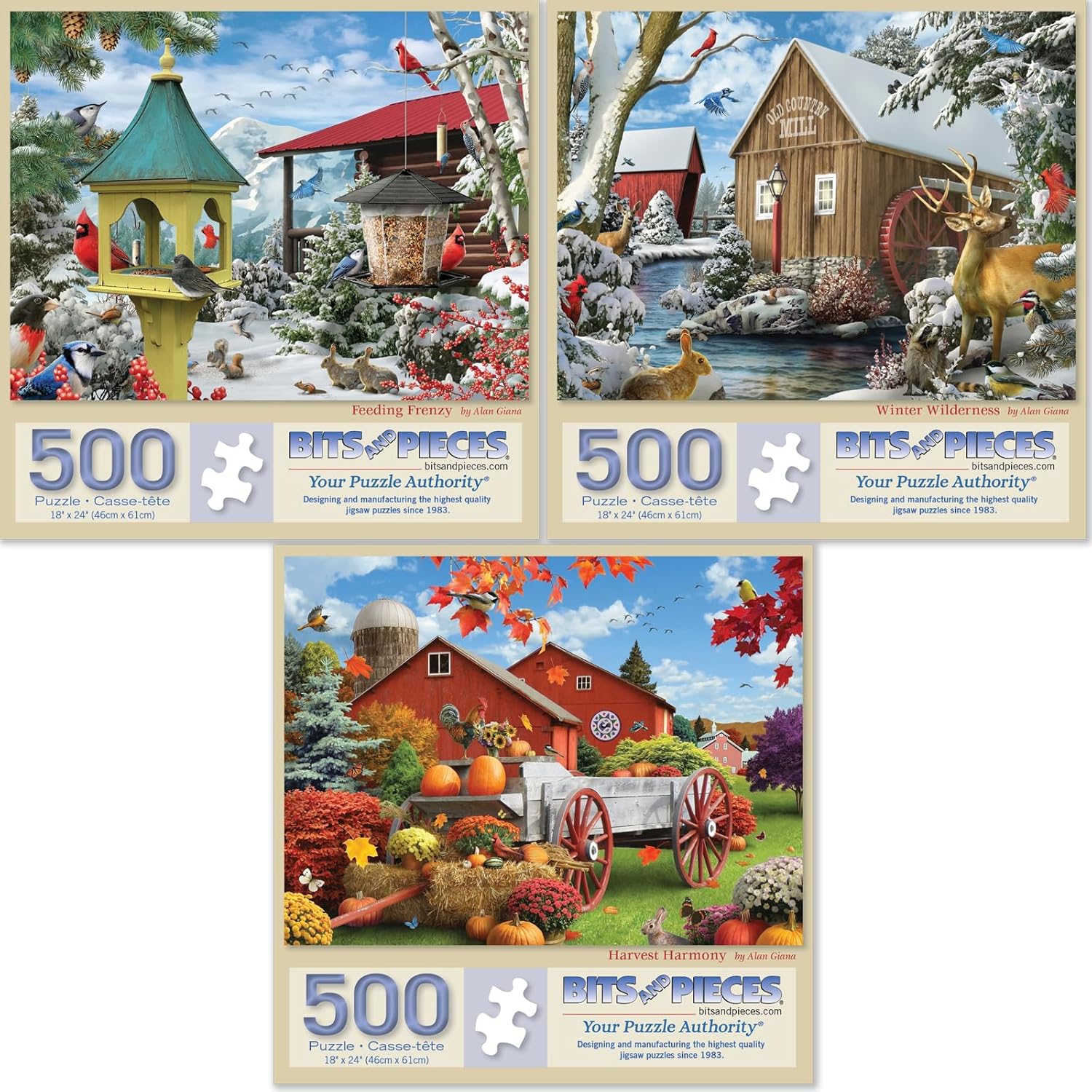 Bits and Pieces Value Set of Three 500 Piece Jigsaw Puzzles for Adults – Winter Fall Set Jigsaw Puzzles by Alan Giana, Completed Puzzle Size 18" x 24"