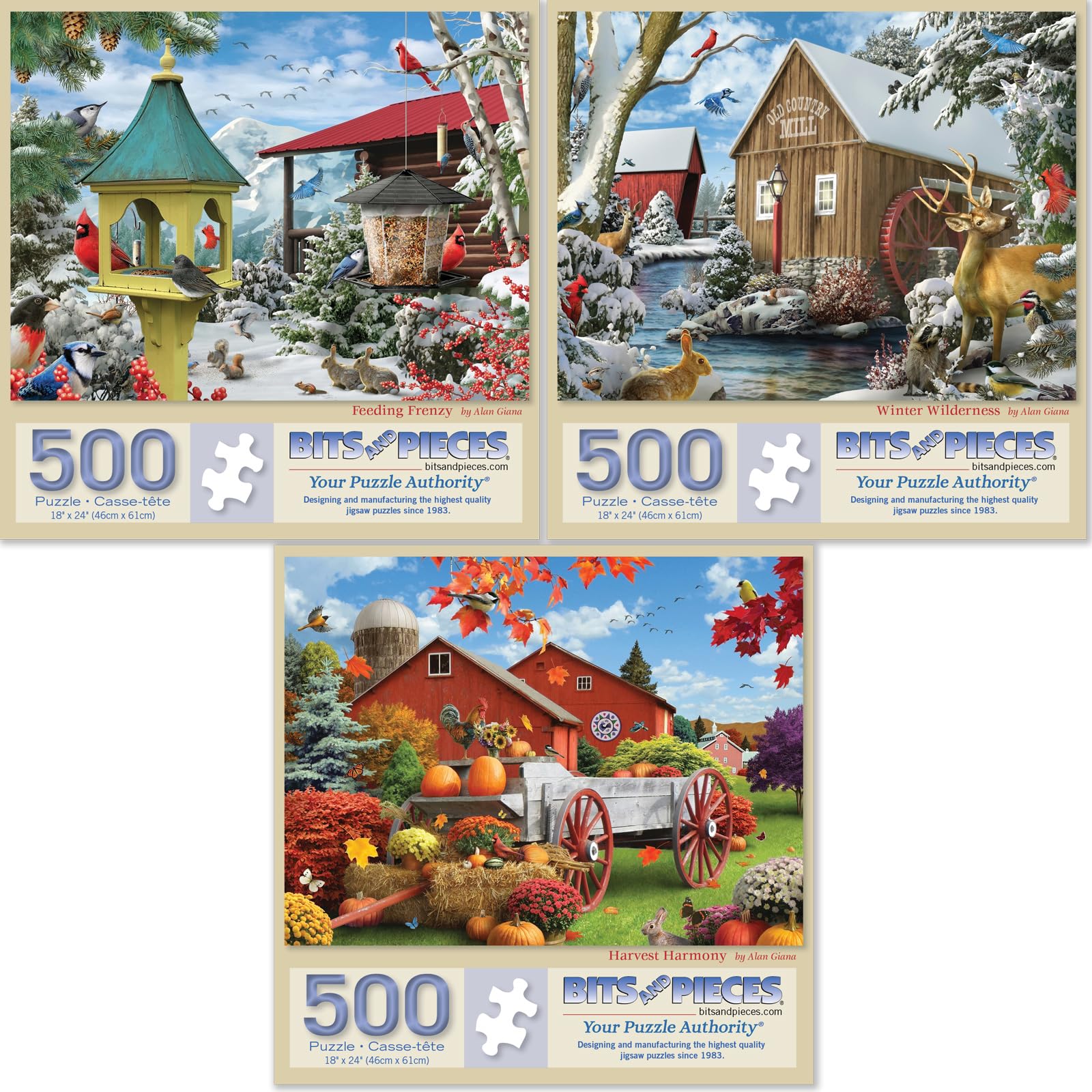 Bits and Pieces Value Set of Three 500 Piece Jigsaw Puzzles for Adults – Winter Fall Set Jigsaw Puzzles by Alan Giana, Completed Puzzle Size 18" x 24"
