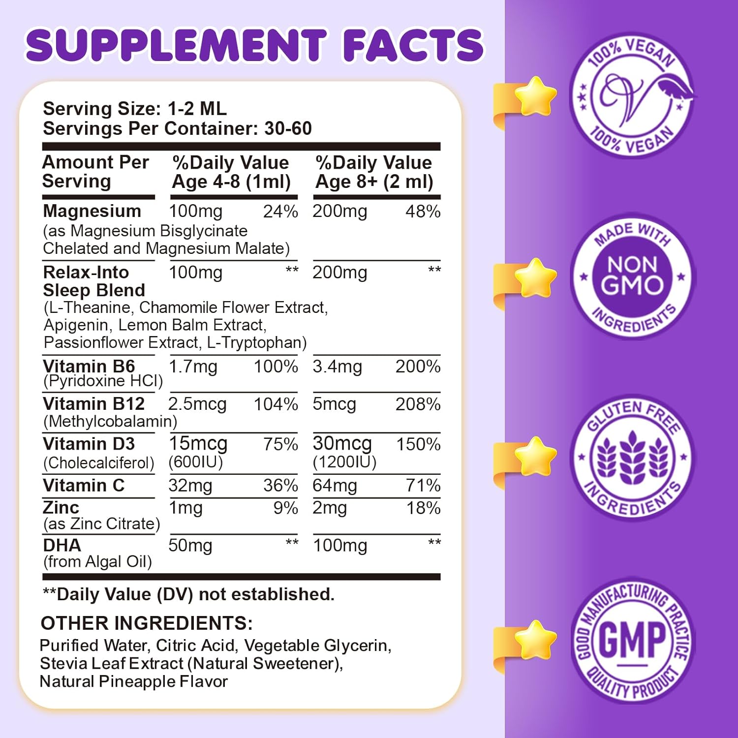 2 Pack Magnesium Glycinate Liquid for Kids - Magnesium Bisglycinate Drops with L-Theanine, Chamomile & Vitamin B6, B12, C, D3 for Sleep, Relaxation, Immune Support, Calm & Focus - 4 Fl Oz, Pineapple