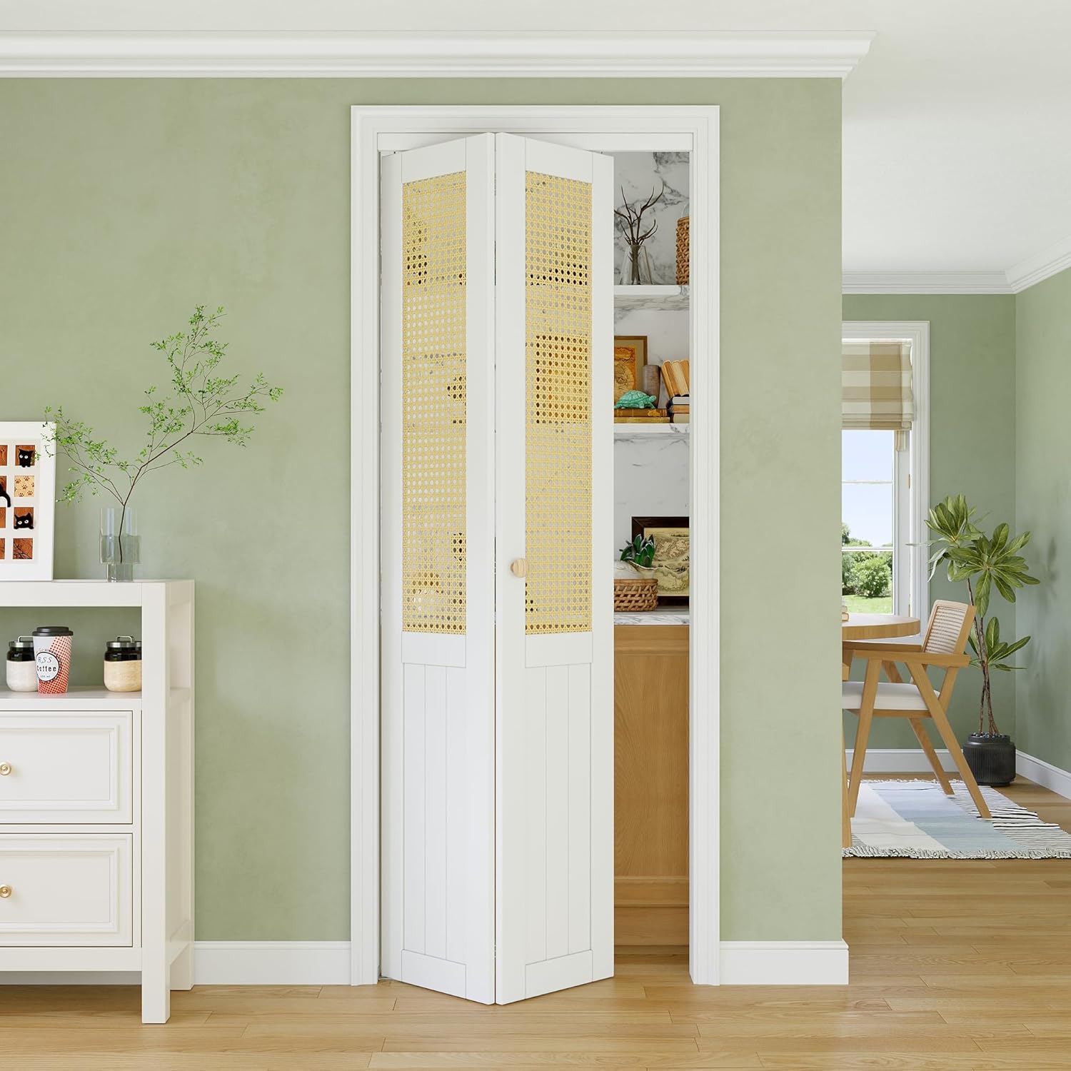 30" x 80" Rattan Bifold Door, Interior Door Panel with Hardware Kit Set & Fascia & Knob, Folding Doors for Closet/Pantry/Bedroom, Preassembled Bi Fold Doors, White