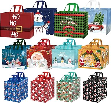 Xylitic 20 Pack Christmas Gift Bags Assorted Sizes, Reusable Non-Woven Tote Bags, Xmas Shopping Bags with Handles, for Christmas Treat Bags, Gifts Wrapping, Xmas Party Favors, 4 Large 8 Medium 8 Small