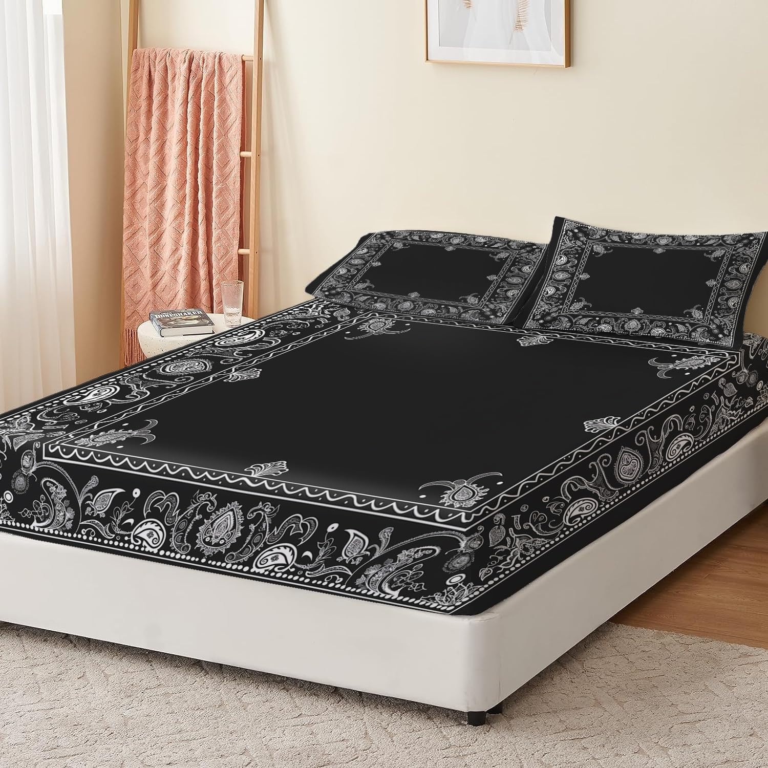 Paisley prześcieradło z gumką, miękkie prześcieradło, z nadrukiem, miękki, dekoracyjny materiał, pościel okrągła, elastyczna gumka 160 x 200 cm, wielokolorowe, zestaw z gumką, oddychająca pościel