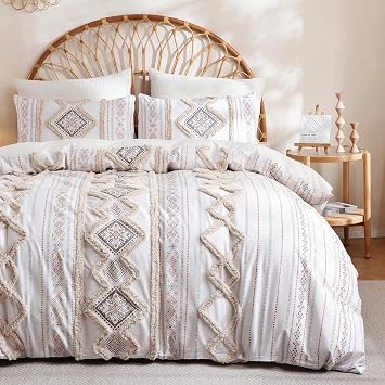 Herside Beige 100% Cotton Boho Duvet Cover Set Queen Size, 3-Piece Tufted Textured Modern Boho Moroccan Bedding, Aztec Geometric Farmhouse Comforter Cover with 8 Corner Ties & Double Zipper