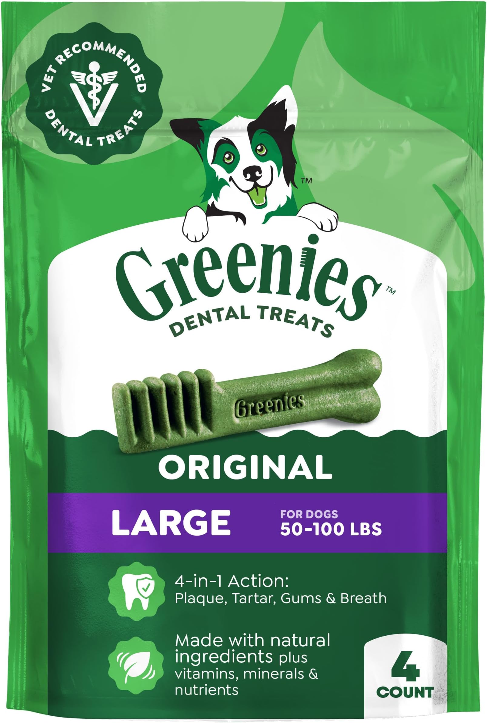 Veterinarian-Recommended Adult Natural Dental Dog Treats Large Size, Dog Dental Chews, Original Flavor, 6 oz. Pack, 4 Count
