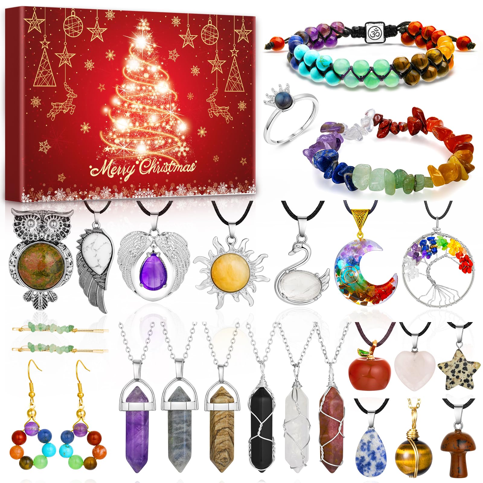 Calendario De Adviento 2025 Joyería Cristal Mujeres Niñas 24 Sorpresas Navideñas Collares Pulseras Pendientes Anillos Piedras Preciosas Naturales