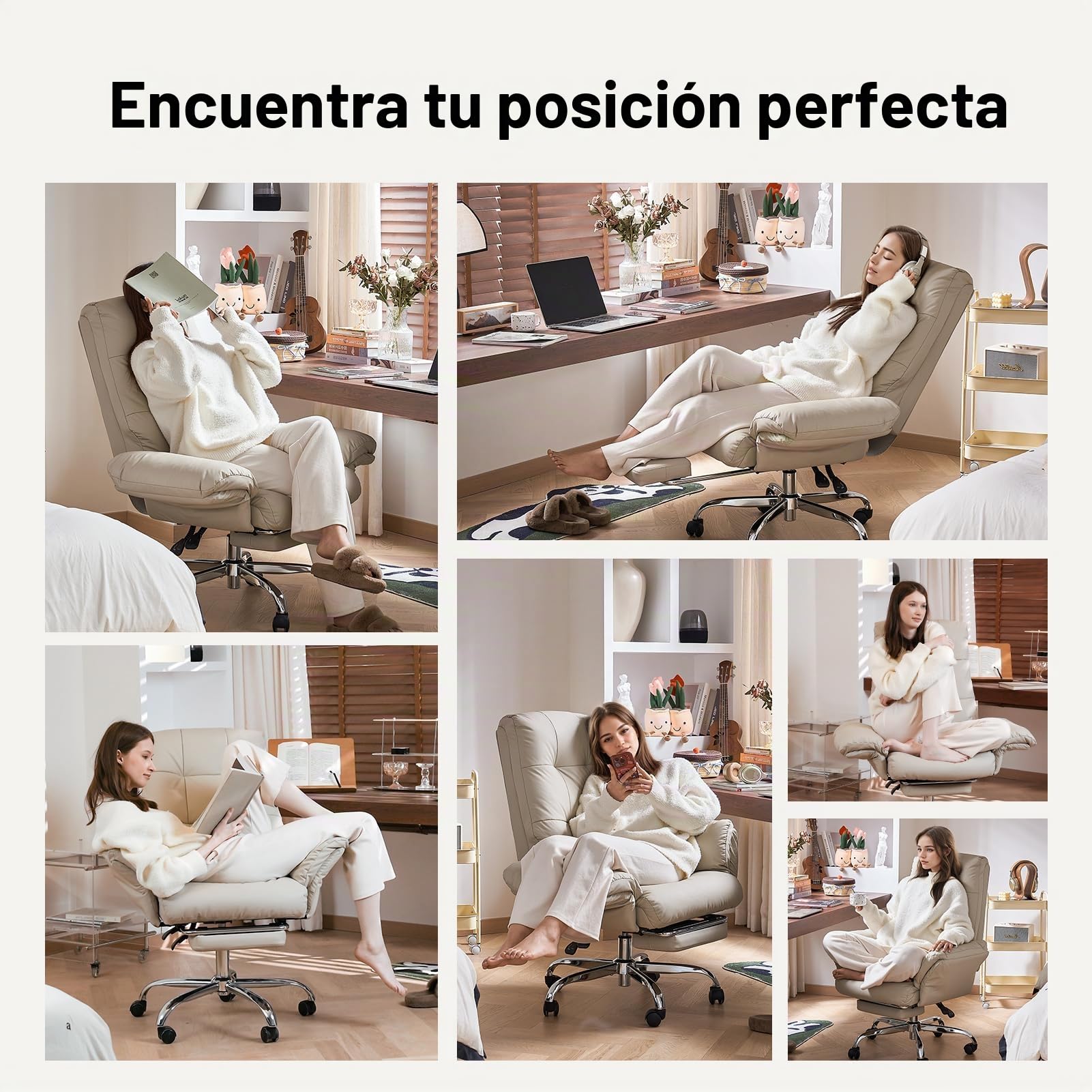 EMIAH Silla de Oficina Ergonómica con Reposabrazos Abatibles,Cuero PU,Beige | Silla de Escritorio Ejecutiva Reclinable con Reposapiés, Sillón de Ordenador, Cómoda Silla de Ordenador Tocador con Ruedas