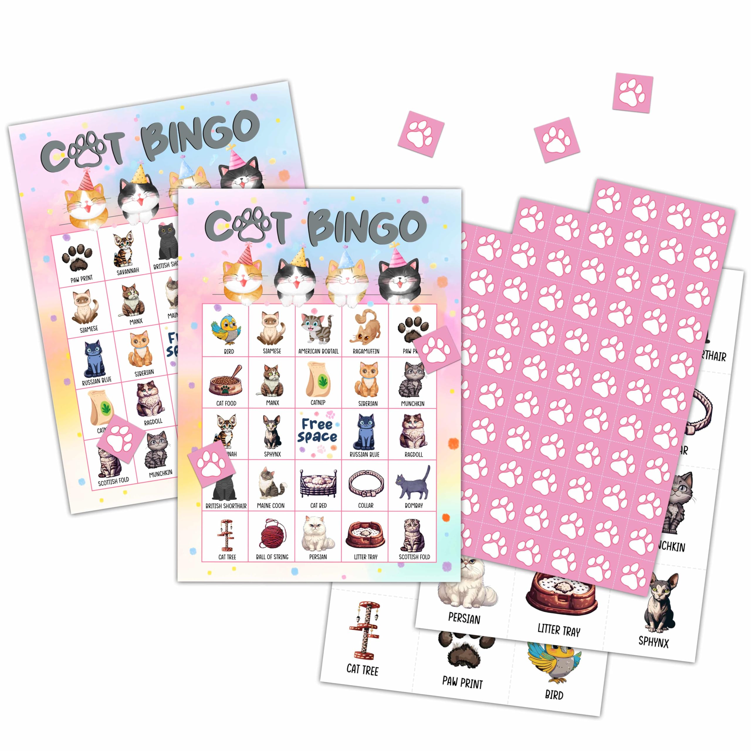 Chuxvon Cat Bingo Cards, Kitten Theme Game for 24 Players, Bingo Activities for Adult, Pawty Party Favors Supplies Decorations(01)