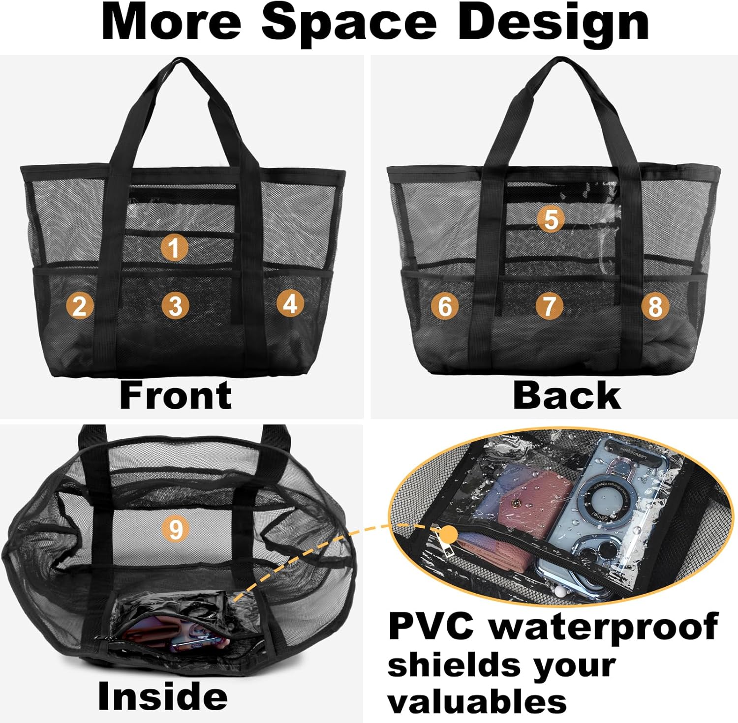 Mesh Beach Bag,Large Beach Bags for Women with 8 Pockets,Packable Tote Bag for Beach Cruise Pool Vacation Essentials - Image 5