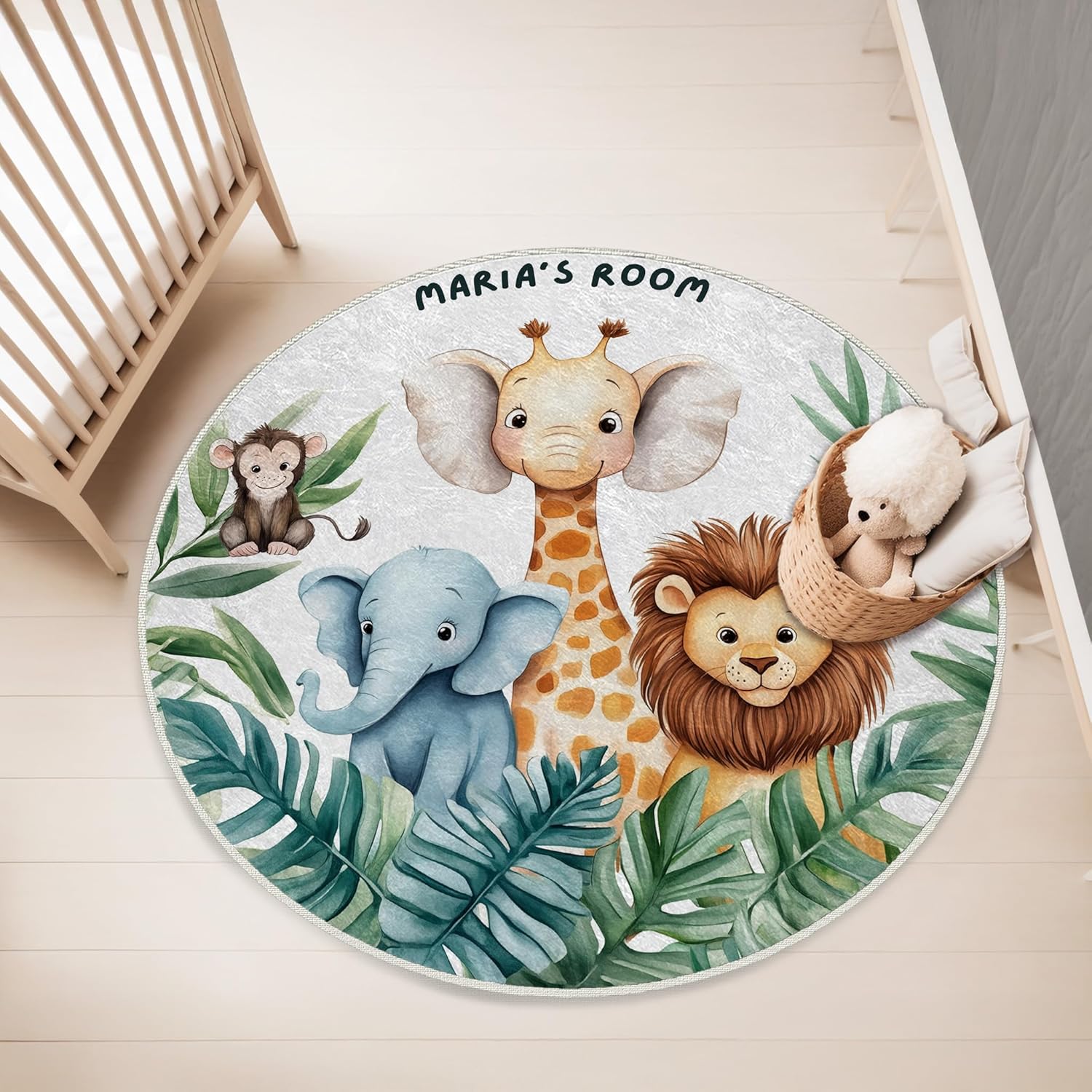 Personalized Safari Nursery Rug with Name – Washable Round Rug for Baby Room, Safari Animal Kids Rug, Custom Jungle Theme Area Rug for Nursery Decor, Cute Playmat for Kids