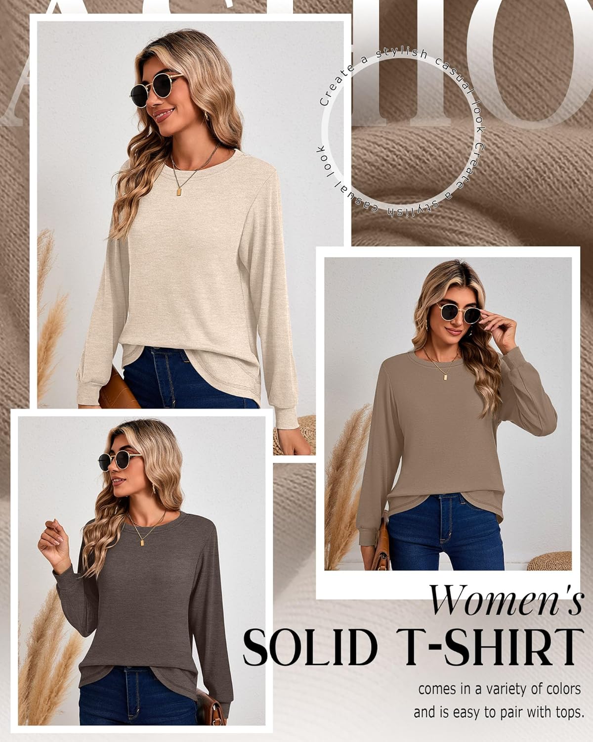 Ficerd 3 Pack Women's Long Sleeve Shirts, Cotton Crew Neck Tunic Tops Casual Loose Fit Pullover Sweatshirts Curved Hem Shirts - Image 5