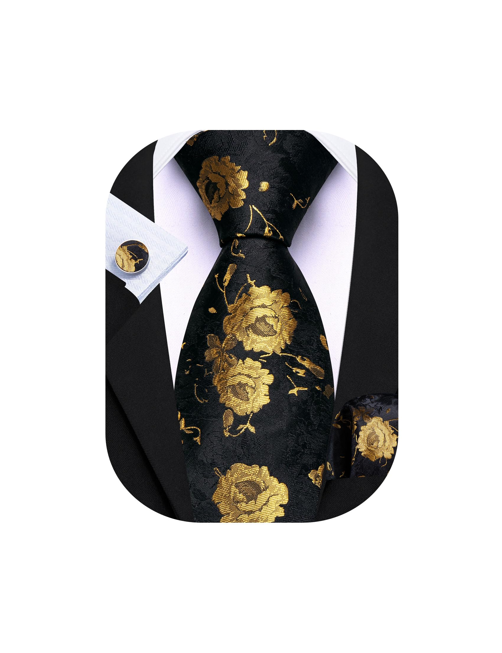 Barry.Wang Men Tie Set Floral Paisley Silk Necktie Pocket Square Cufflinks
