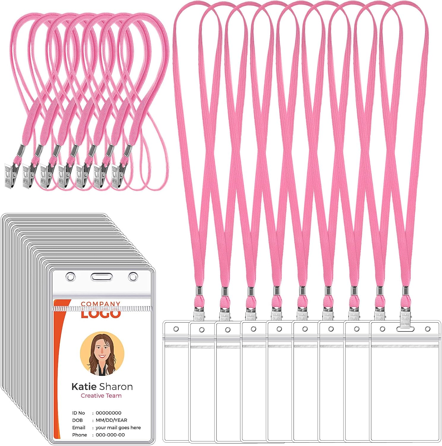 Marspark 200 Pcs Name Tag Lanyards with ID Holder Lanyards for ID Badges Resealable Flat Neck Name Tag with Clip Waterproof Plastic Clear Badges Bulk for School Office Supplies (Pink)