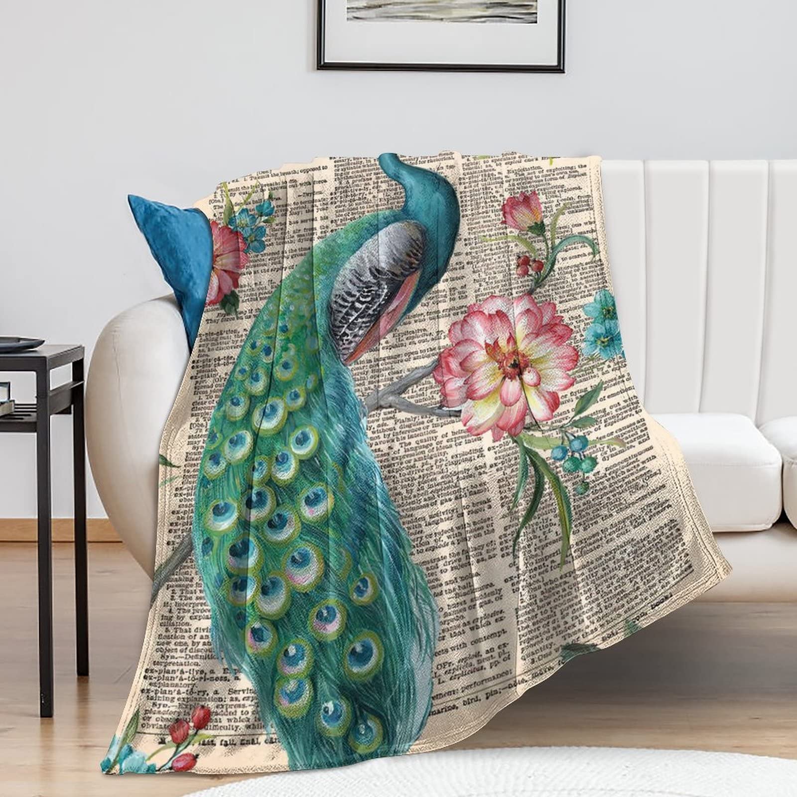 Couverture polaire motif paon chaud léger plaid bohème lit