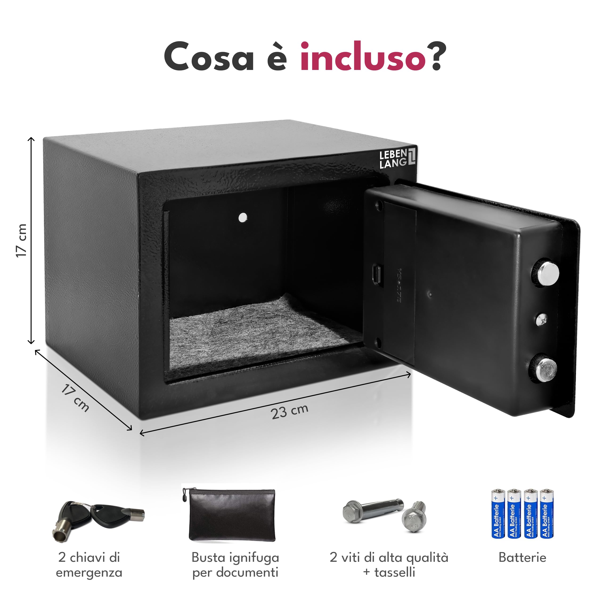 LEBENLANG 5L Cassaforte a muro - Incl. custodia per documenti ignifughi & chiave di emergenza I Armadio cassaforte per mobili con serratura a combinazione I Cassaforte da armadio piccola Mini safe