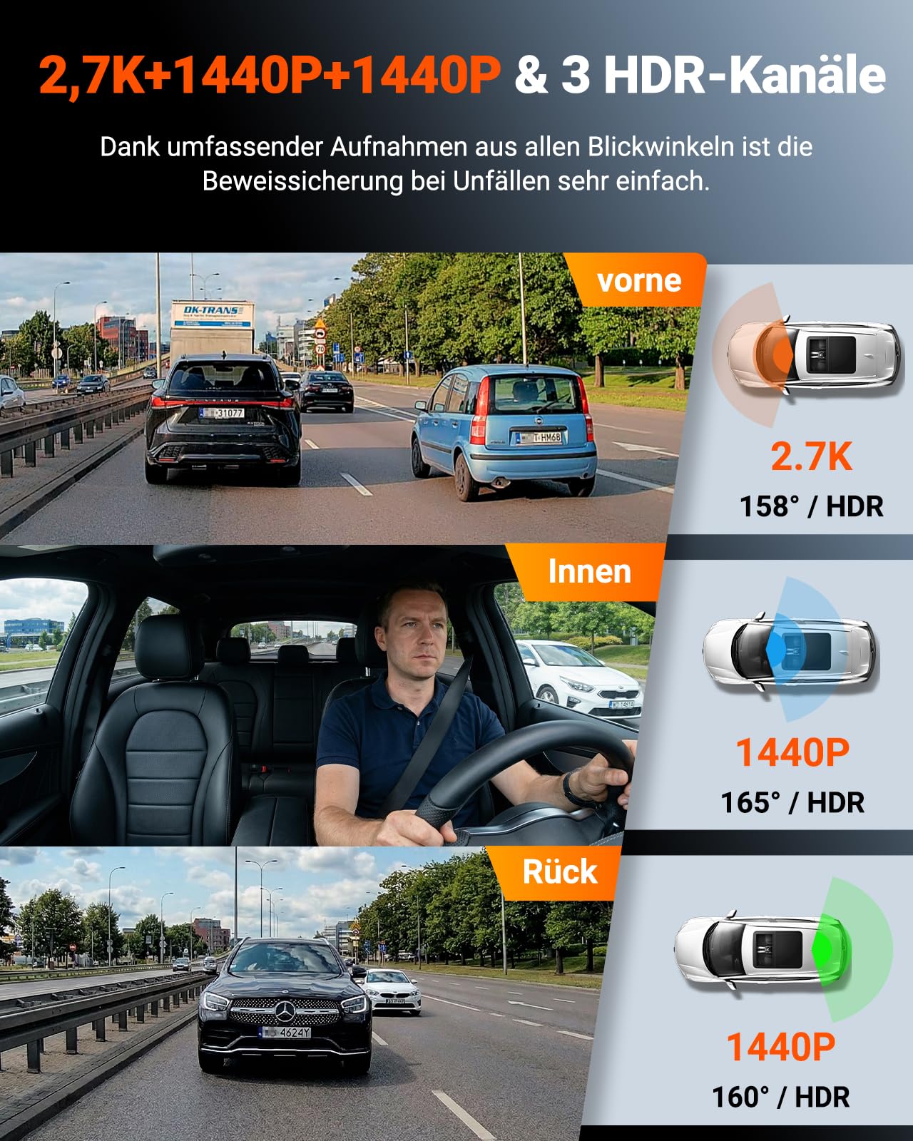 VANTRUE N4S 3 Kanal Dashcam 2.7K+2.5K+1440P STARVIS 2 HDR Nachtsicht 5GHz WLAN GPS 24h Parküberwachung G-Sensor
