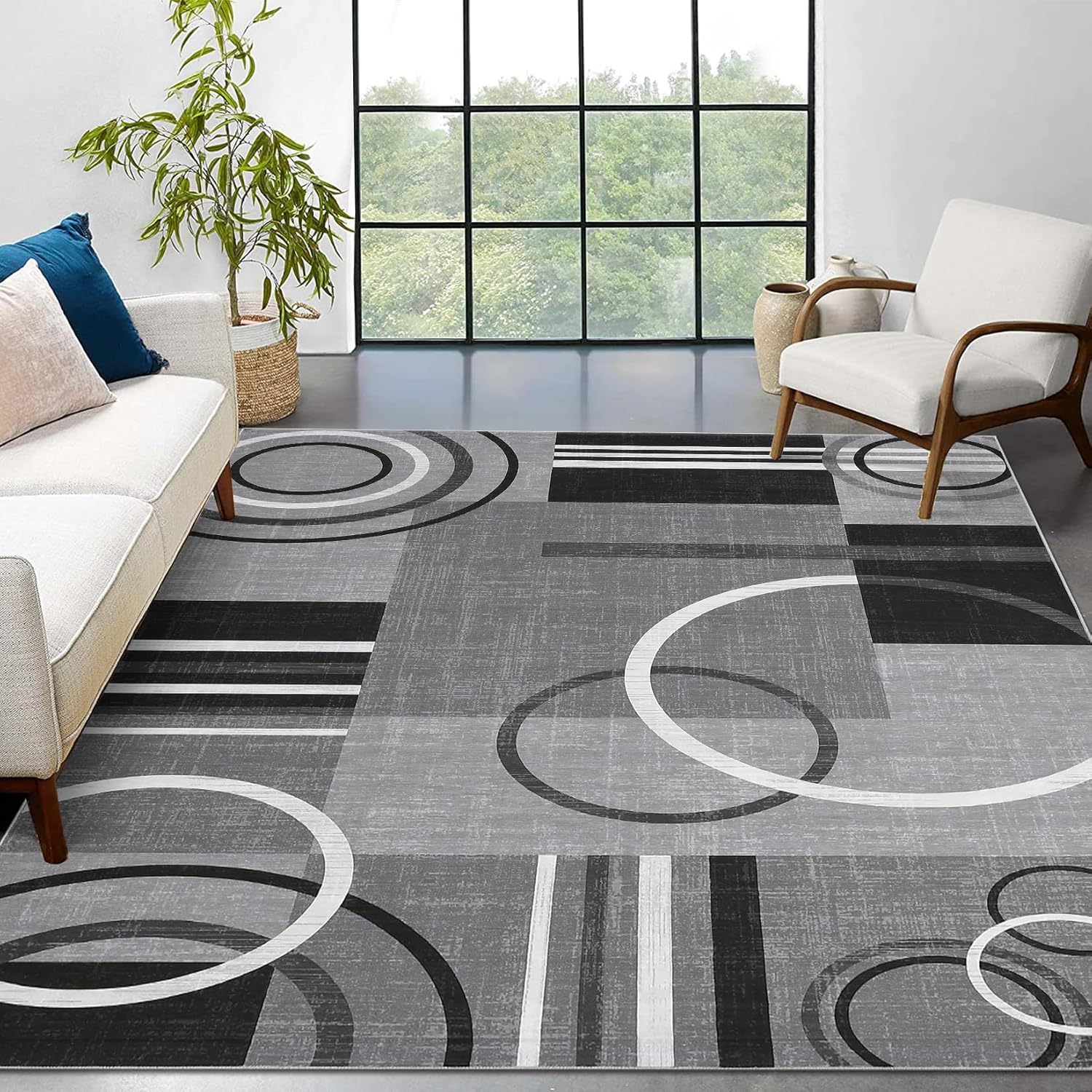 Tapis de salon grand 200x250cm géométrique gris lavable moderne