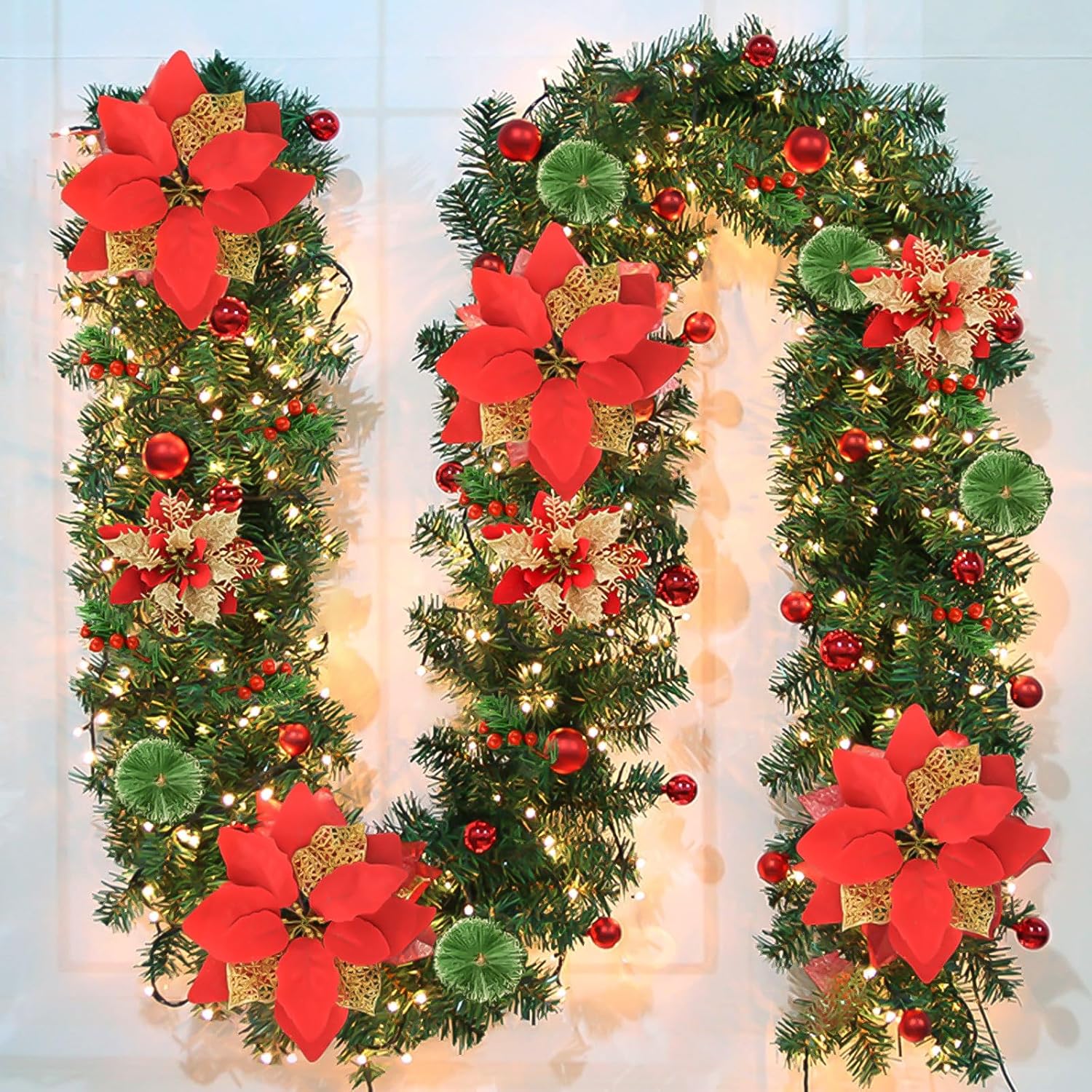 Christmas Garland, 9FT/2.7M Xmas Garland with Lights for Front Door, Christmas Tree, Mantle, Home, Stairs, Fireplace, Porch, Indoor Outdoor Decor Red
