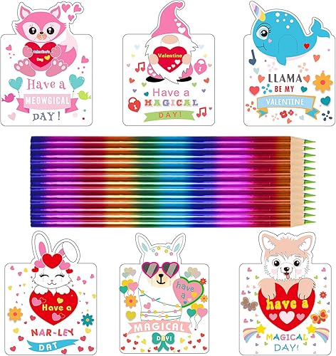 GYQMBT Tarjetas de San Valentín para niños, juego de 24 lápices arco iris, unicornio, San Valentín, lindas tarjetas de felicitación de animales para