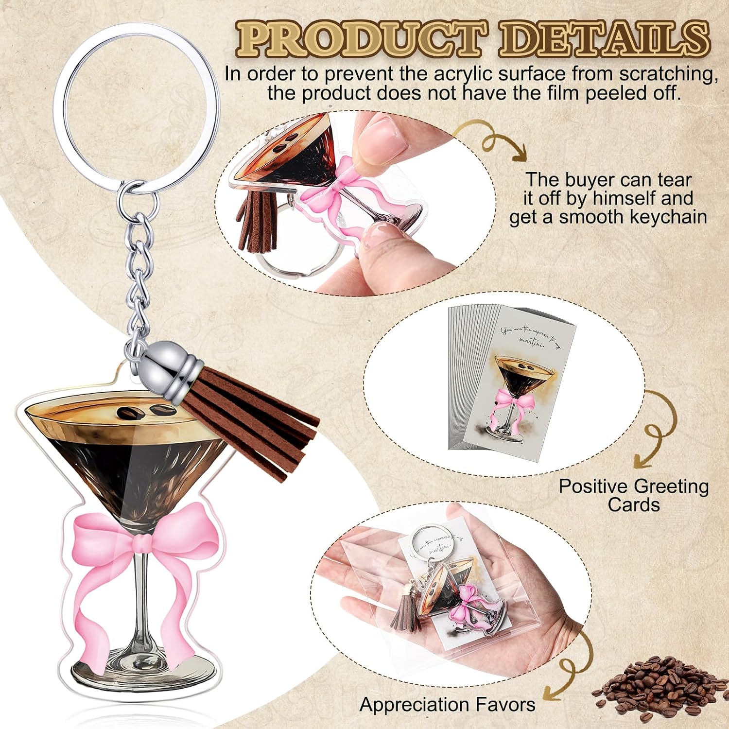 Liliaafar 30 Sets Espresso Martini Gifts Bulk Martini Pink Bow Acrylic Keychain with Tassel Card for Birthday Bachelorette Bridal Shower Tini Bar Party
