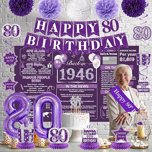 Miniatura 7 de Crenics Decoraciones de cumpleaños número 80 para mujer en púrpura - Fondo de 1946, pancarta, remolinos, centros de mesa, faja, pompones de papel,
