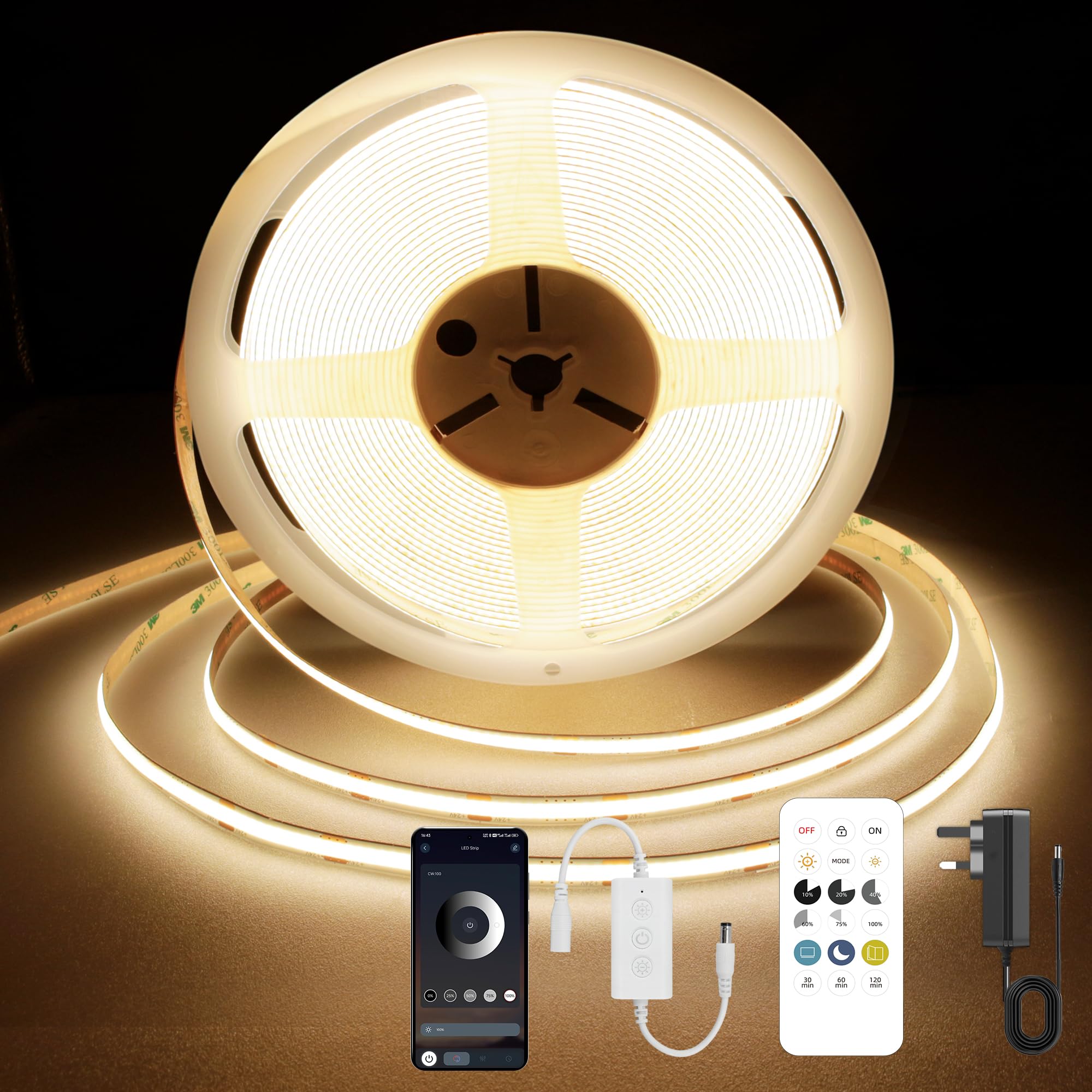 TTWAY COB LED Strip 7.5M, Warm White 3000K LED Strips Light, 24V Dimmable LED Tape Light, CRI92+, 8mm Width, with Remote and App and UKCA Power Supply, for Home Decoration, Kitchen, Mirror