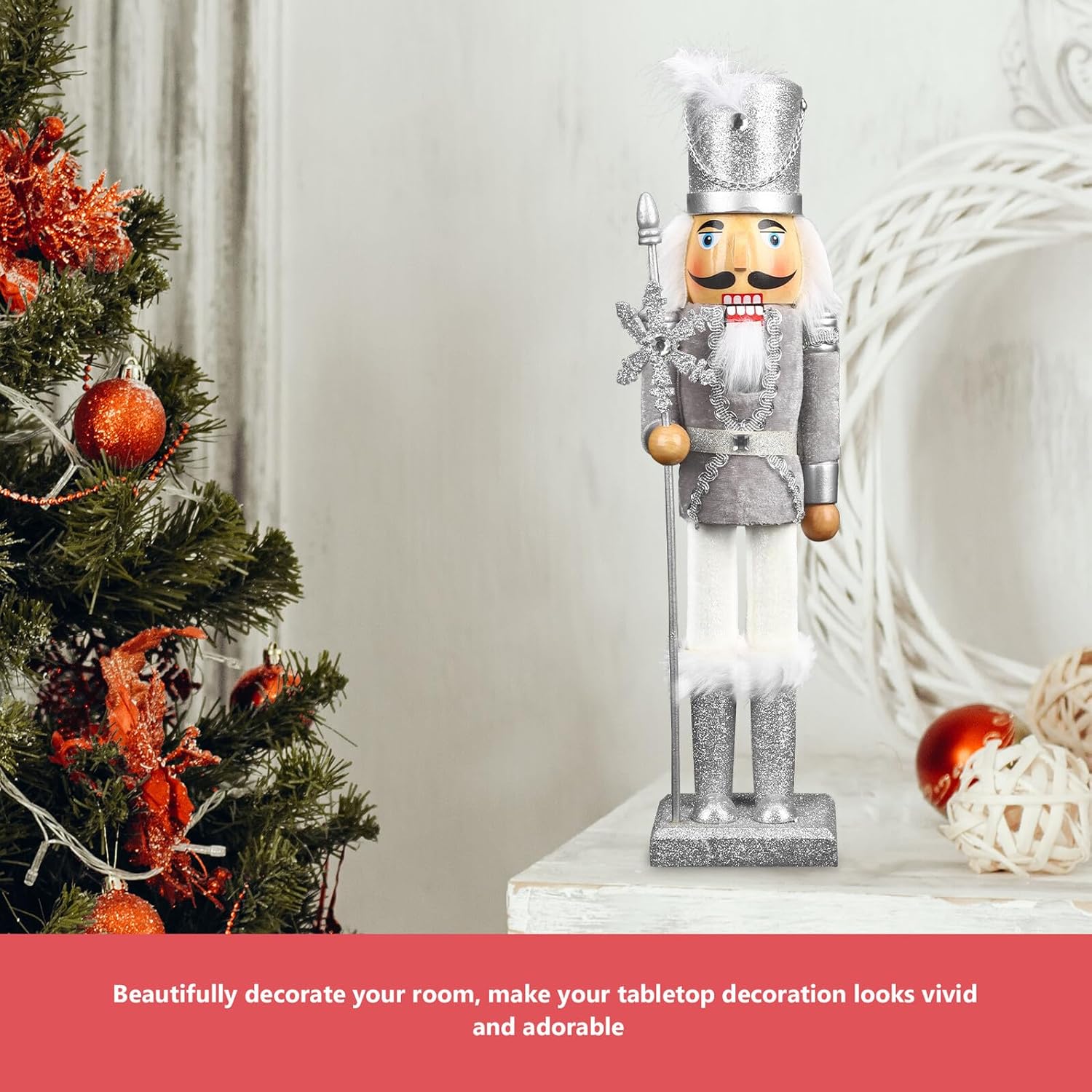 38cm Silver Snowflake King Nutcracker Christmas Decor, Wooden Nutcracker Figurine for Holiday Tabletop and Home Display, Unique Desktop Xmas Ornament Craft
