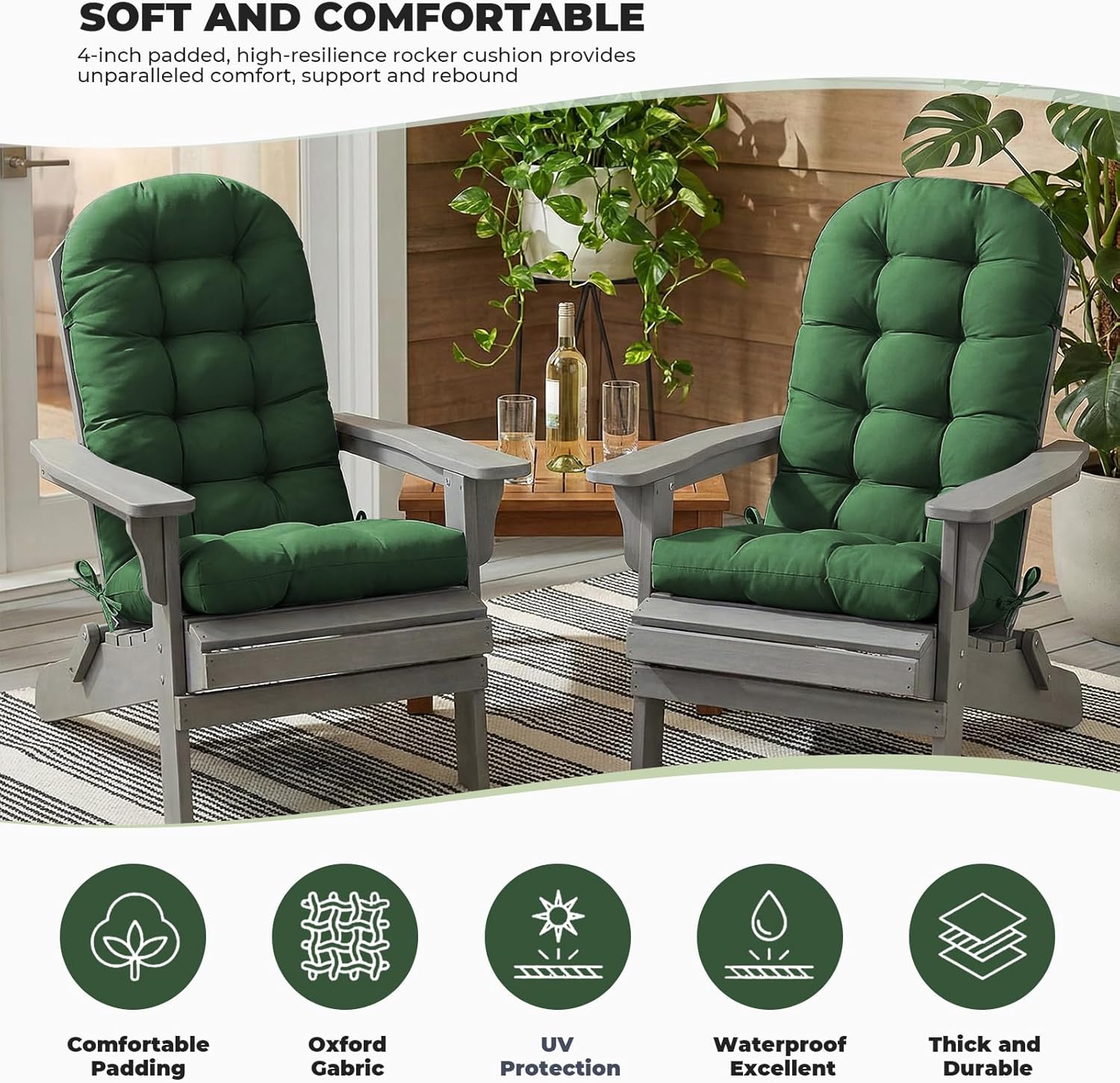 DANGHOOGY Outdoor/Indoor Adirondack Chair Cushion, Waterproof Outdoor Rocking Chair Cushion with Ties, Tufted Replacement Seat Cushions for Outdoor Furniture, Green