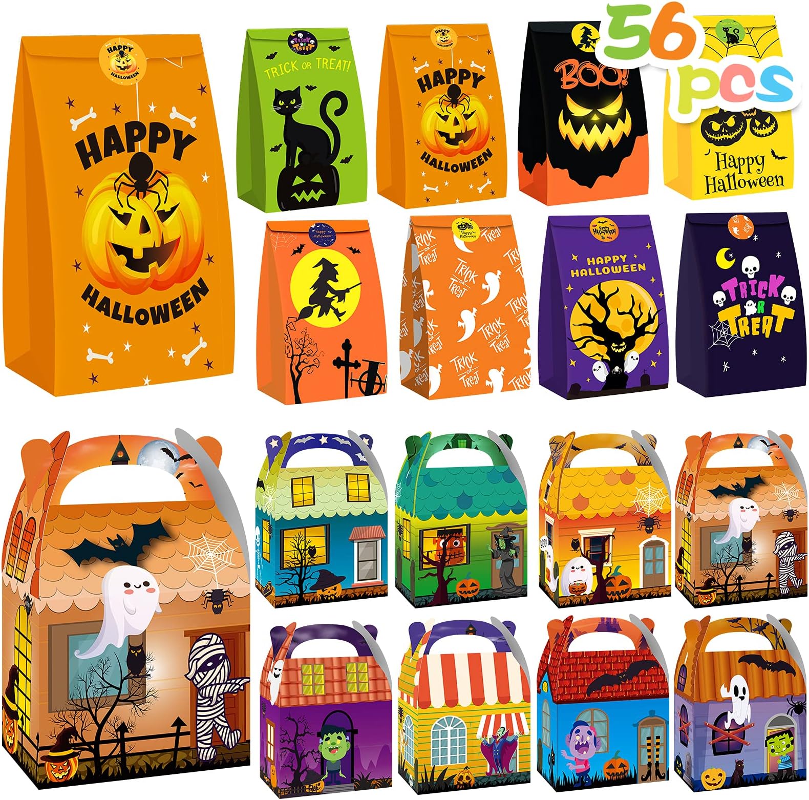 Halloween Treats Bags Party Favors - 56 Pcs Kids Halloween Candy Bags& Boxes Set - Incl 16 Candy Boxes and 40 Goodie Paper Bags, Trick or Treat Gift Cookies Goodie Bags for Halloween Party Supplies