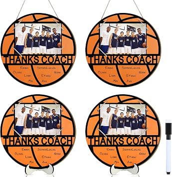 Qunclay 4 Pcs Basketball Picture Frame with Signature Pen 4 x 6 Inches Basketball Thanks Photo Frame for Coach Wooden Sports Gift from Team Coaches Appreciation Plaque Gifts
